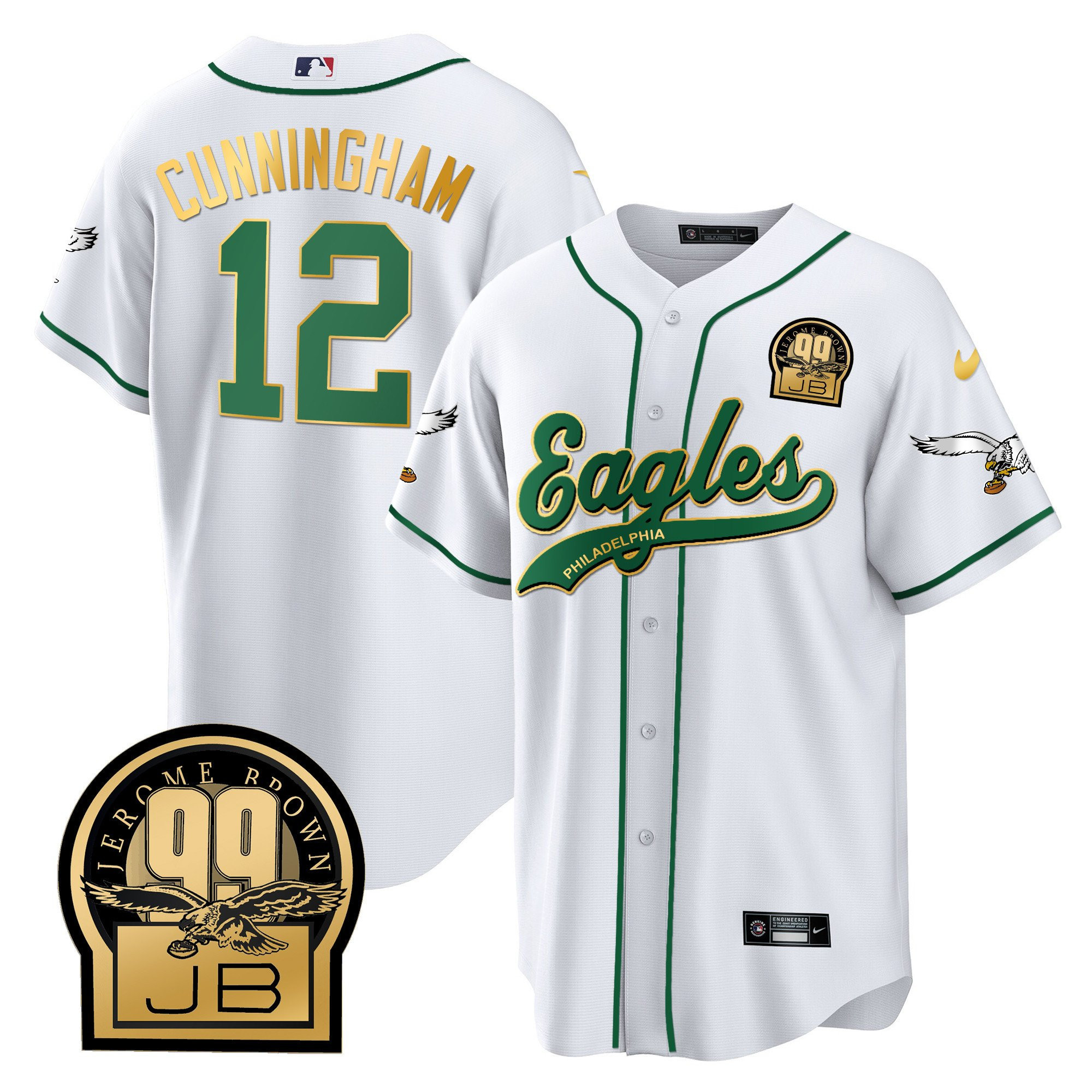 Randall Cunningham 12 Philadelphia Eagles Jerome Brown Retired Patch Baseball Men Jersey - White Gold Trim