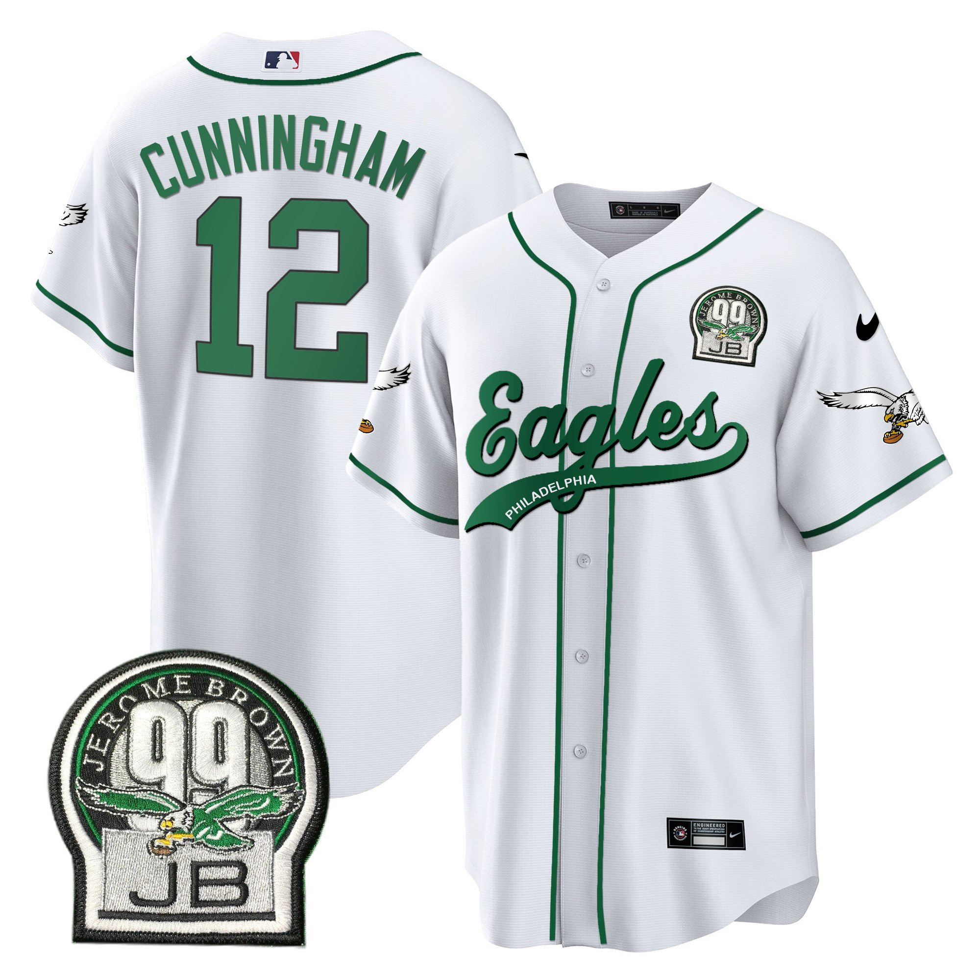 Randall Cunningham 12 Philadelphia Eagles Jerome Brown Retired Patch Baseball Men Jersey - White