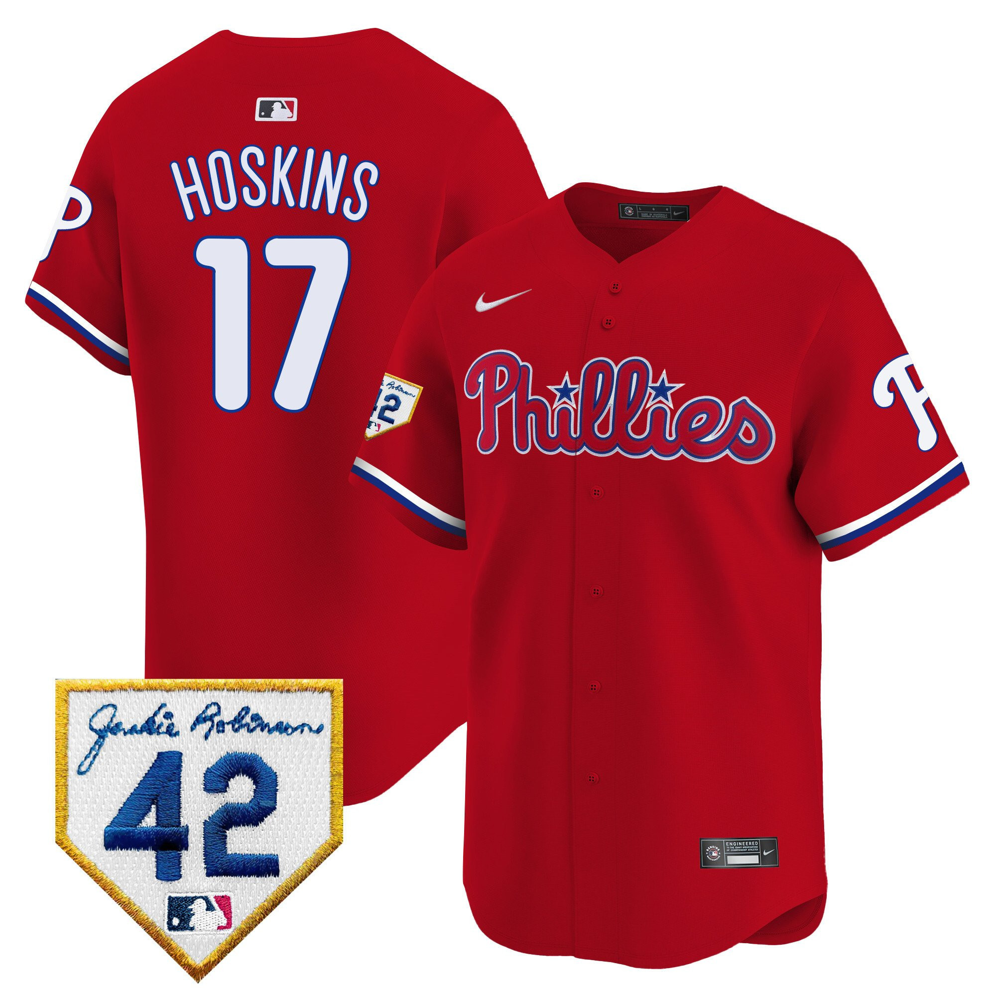 Rhys Hoskins 17 Philadelphia Phillies 2024 Jackie Robinson Patch Men Jersey - Red