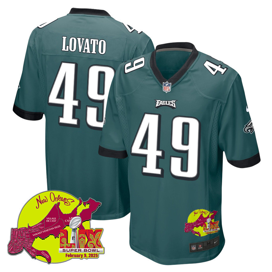 Rick Lovato 49 Philadelphia Eagles Super Bowl LIX New Orleans Patch Game Men Jersey - Midnight Green