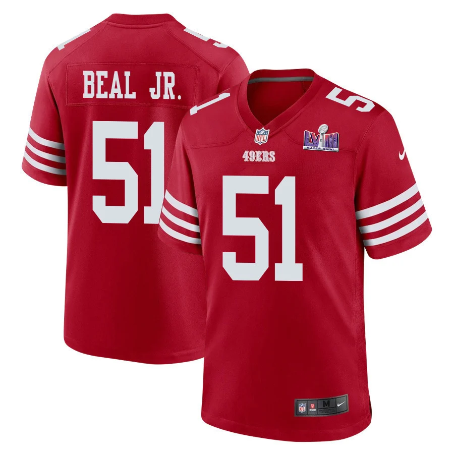 Robert Beal Jr. 51 San Francisco 49ers Super Bowl LVIII Patch Game Men Jersey - Scarlet