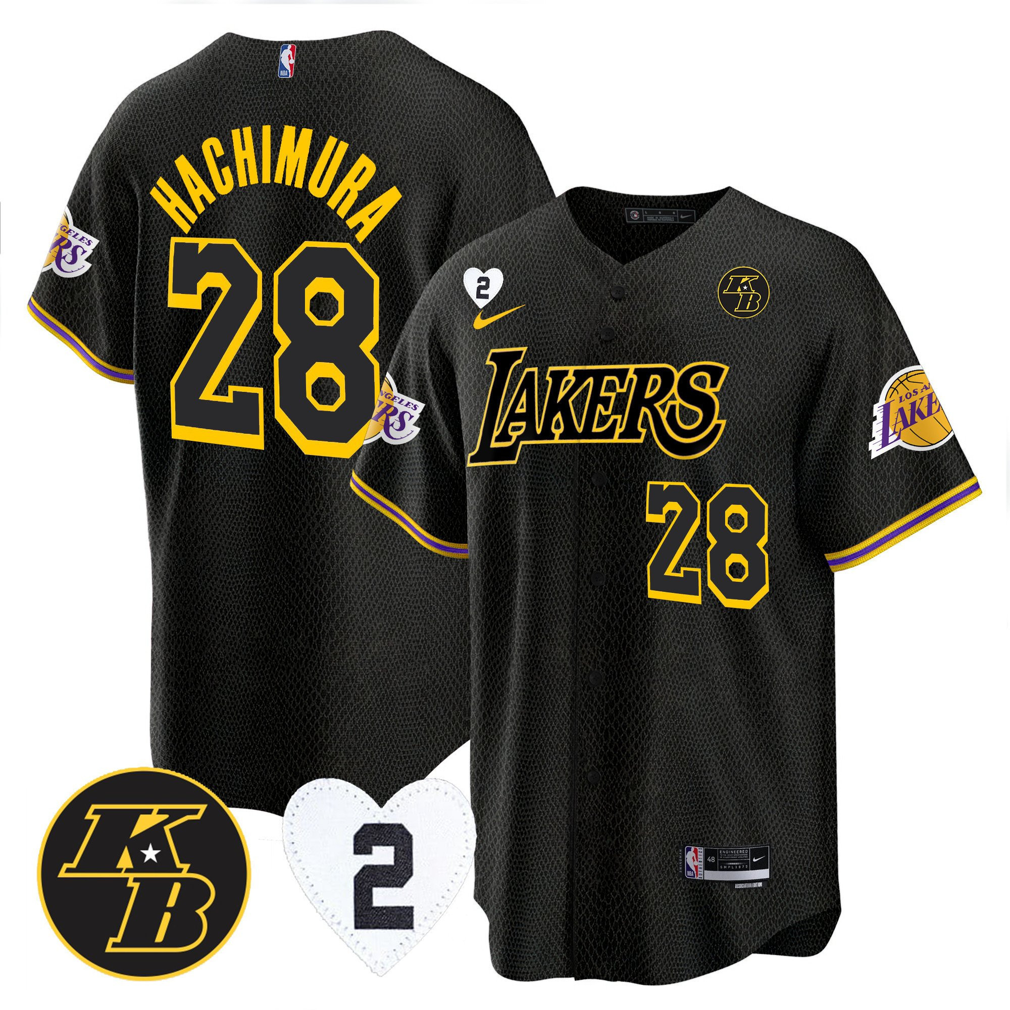 Rui Hachimura 28 Los Angeles Lakers Kobe & Gigi Patch Baseball Men Jersey - Black Mamba