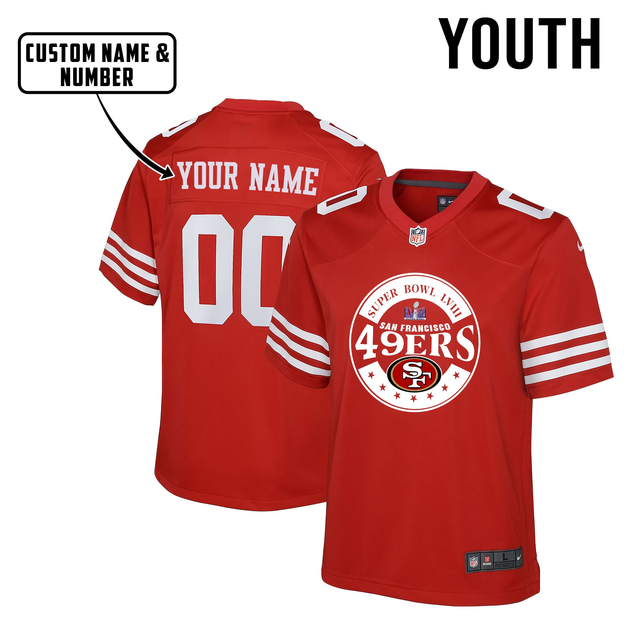 San Francisco 49ers Super Bowl LVIII Game Circle YOUTH Jersey - Red V4