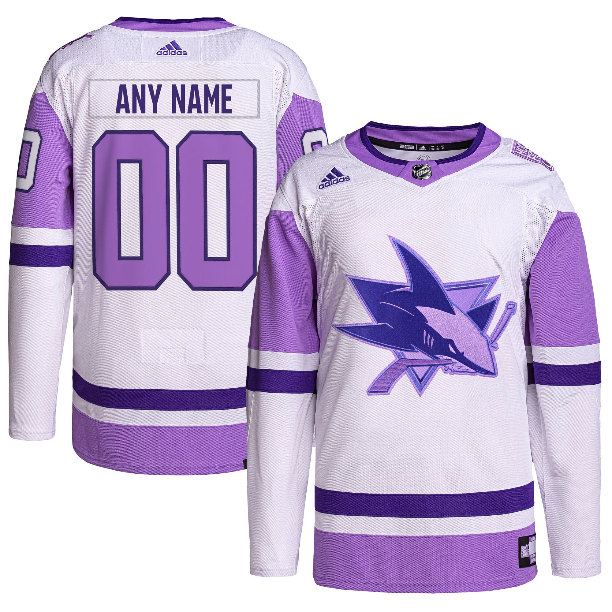 San Jose Sharks adidas Hockey Fights Cancer Primegreen Authentic Custom Jersey - White\/Purple
