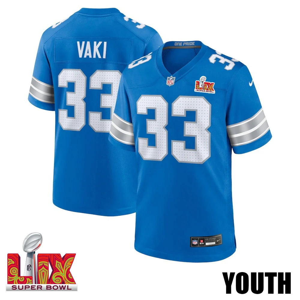 Sione Vaki #33 Detroit Lions Super Bowl LIX YOUTH Jersey - Blue