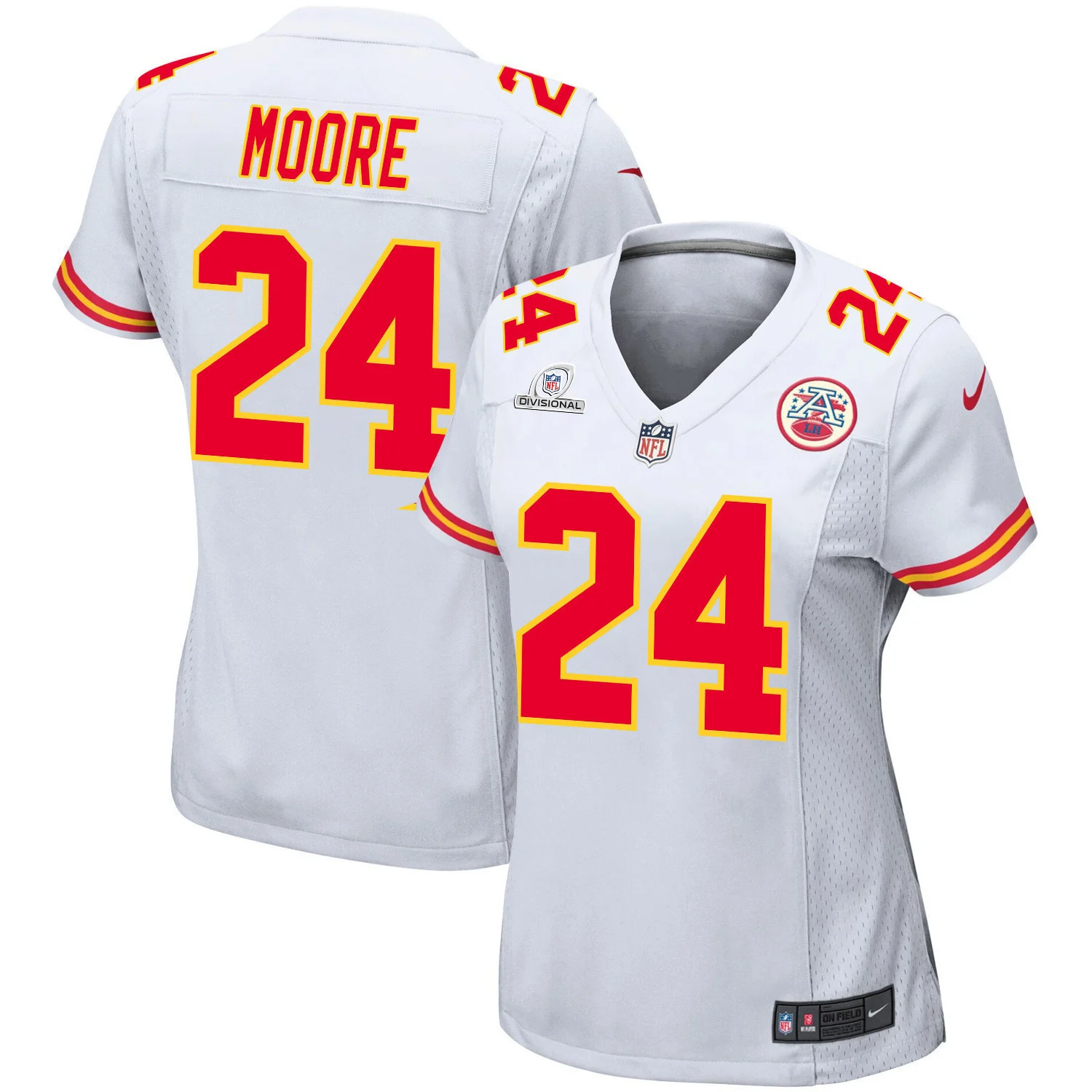 Skyy Moore 24 Kansas City Chiefs Super Bowl LVIII Patch Game Women Jersey - White