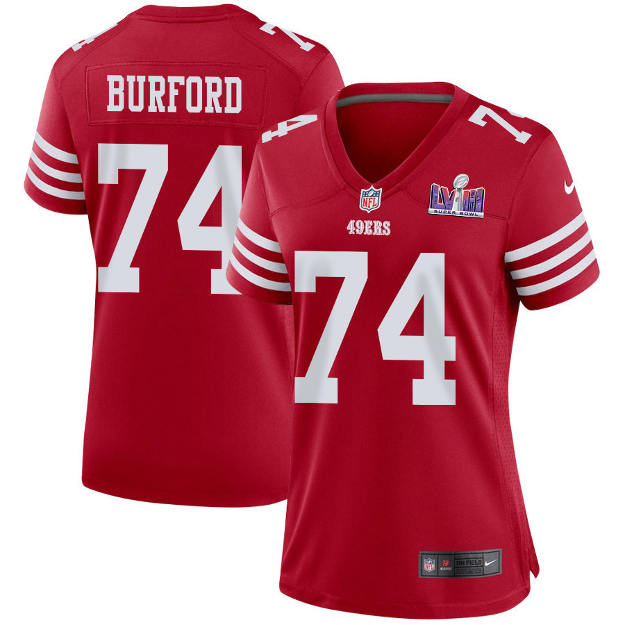 Spencer Burford 74 San Francisco 49ers Super Bowl LVIII Patch Game Women Jersey - Scarlet