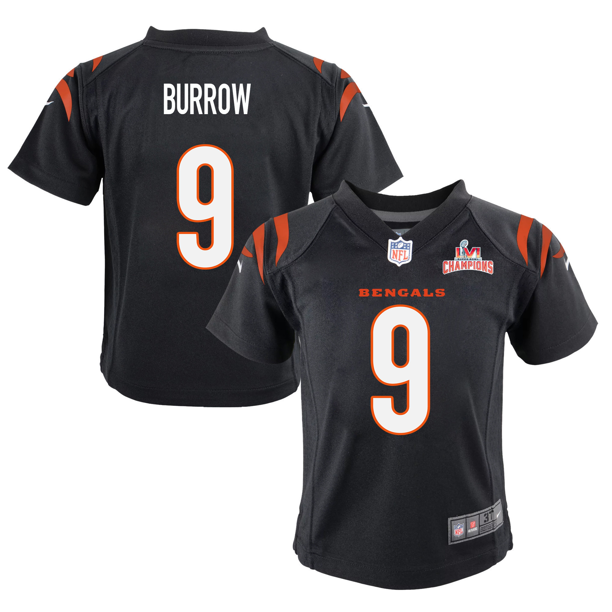 Super Bowl LVI Champions Cincinnati Bengals Joe Burrow 9 Black Youth's Jersey Jersey