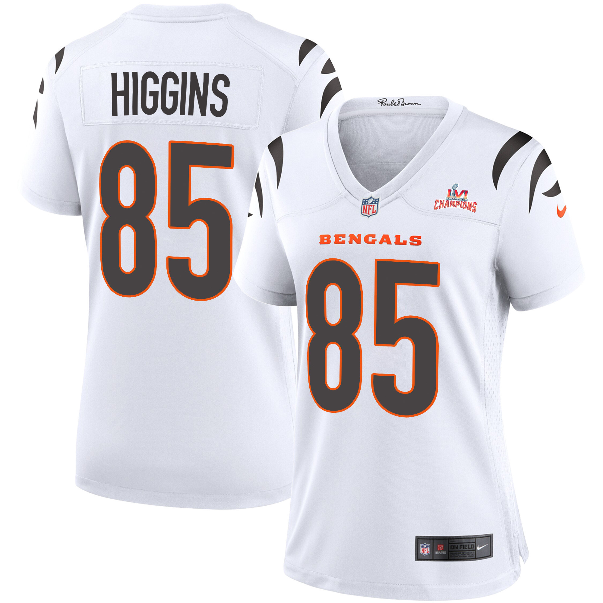 Super Bowl LVI Champions Cincinnati Bengals Tee Higgins 85 White Women's Jersey Jersey