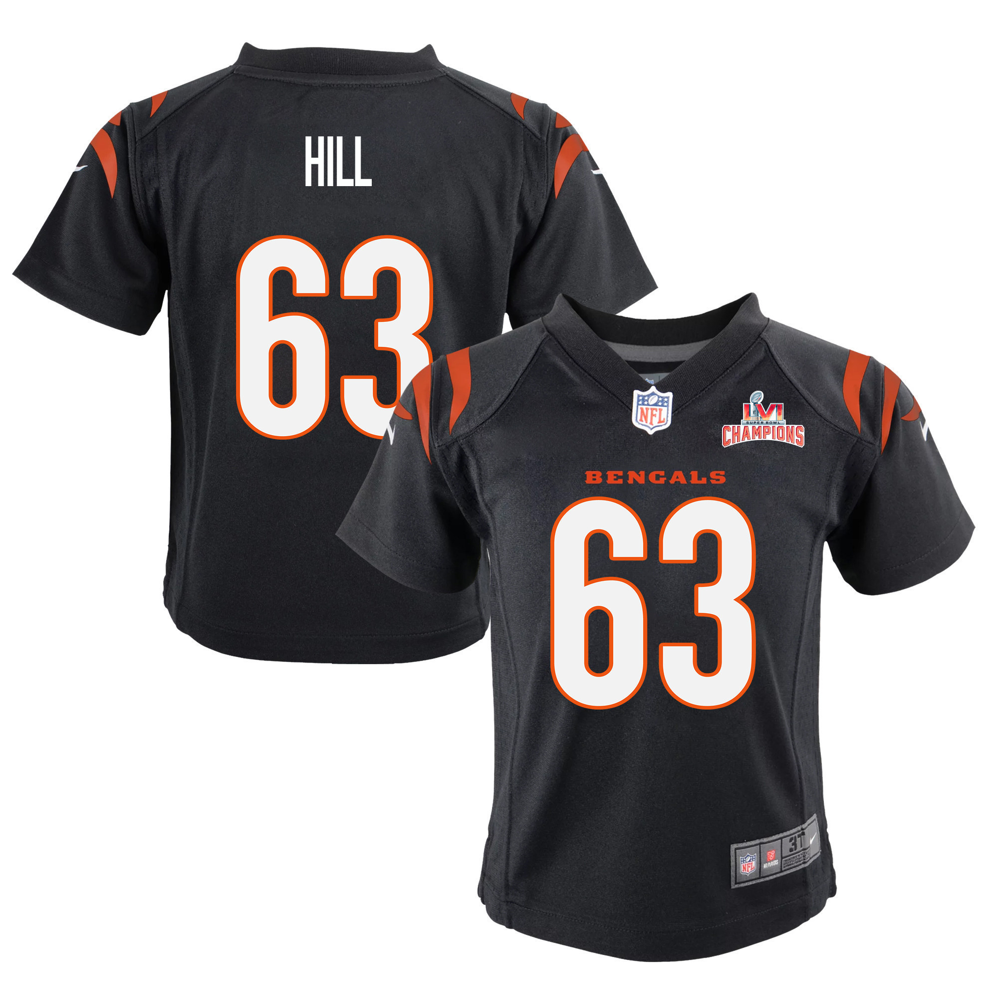 Super Bowl LVI Champions Cincinnati Bengals Trey Hill 63 Black Youth's Jersey Jersey