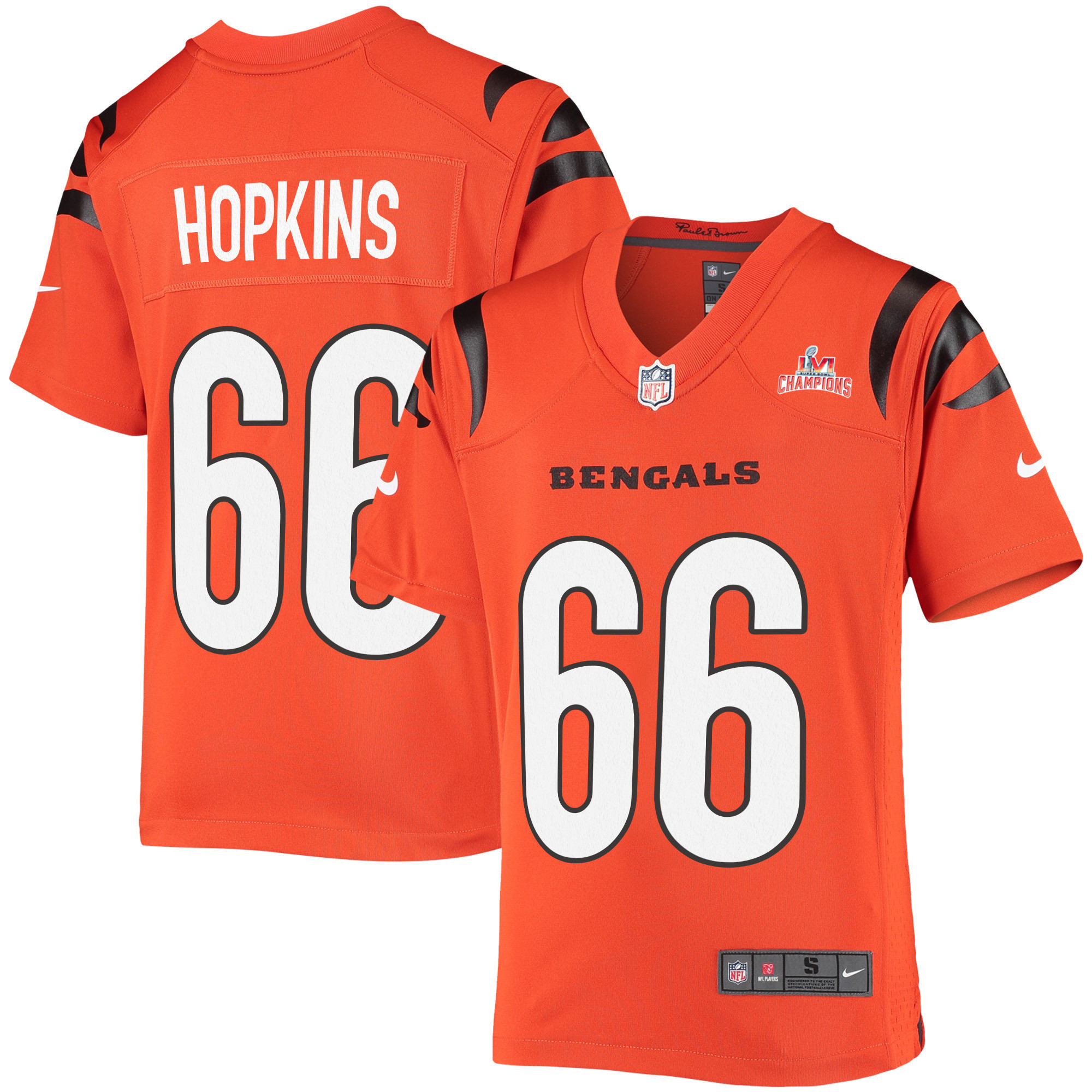 Super Bowl LVI Champions Cincinnati Bengals Trey Hopkins 66 Orange Youth's Jersey Jersey