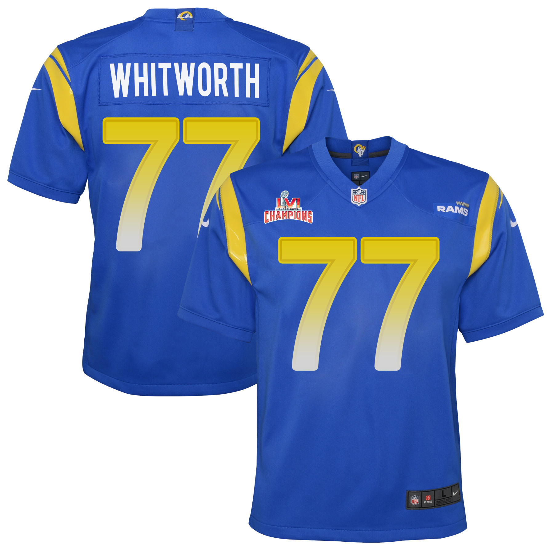 Super Bowl LVI Champions Los Angeles Rams Andrew Whitworth 77 Royal Youth's Jersey Jersey