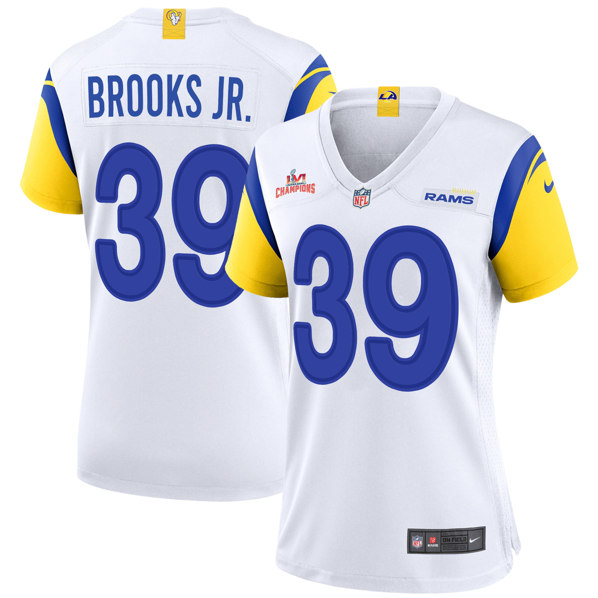 Super Bowl LVI Champions Los Angeles Rams Antoine Brooks Jr. 39 White Women's Jersey Jersey