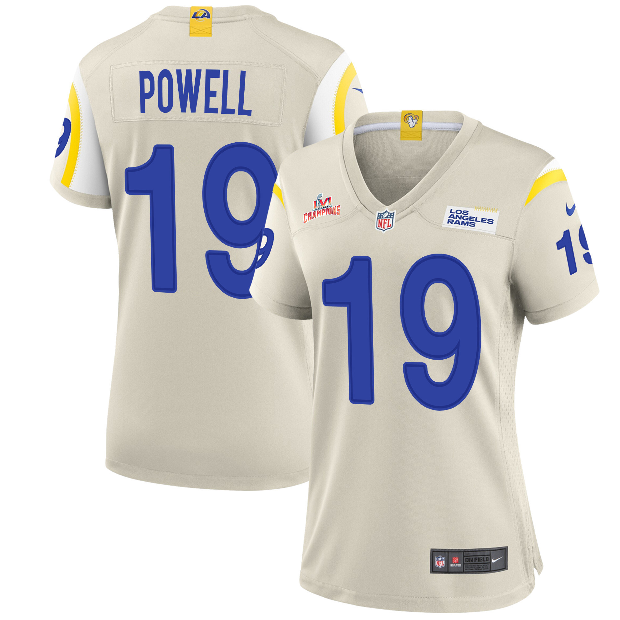 Super Bowl LVI Champions Los Angeles Rams Brandon Powell 19 Bone Women's Jersey Jersey
