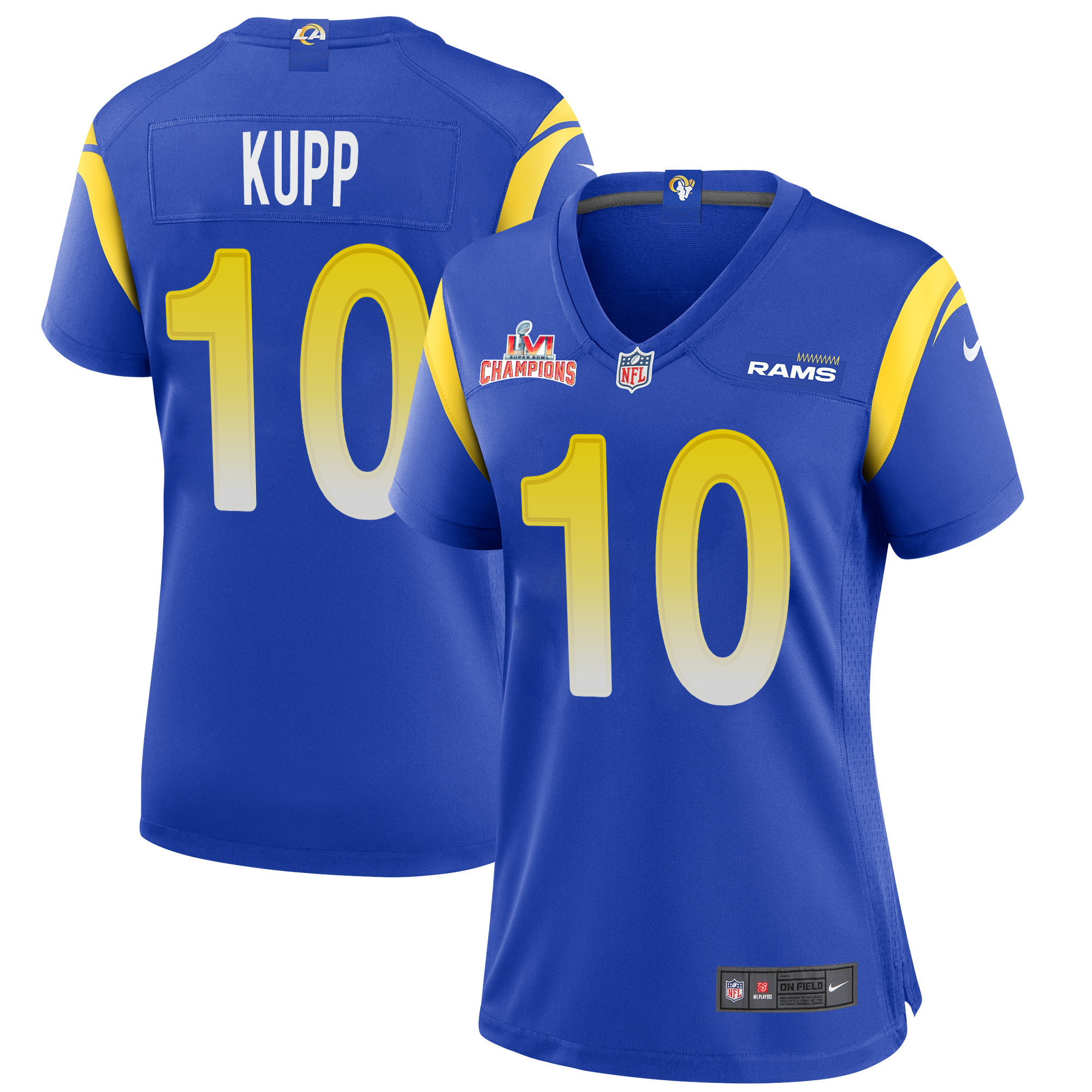 Super Bowl LVI Champions Los Angeles Rams Cooper Kupp 10 Royal Women's Jersey Jersey