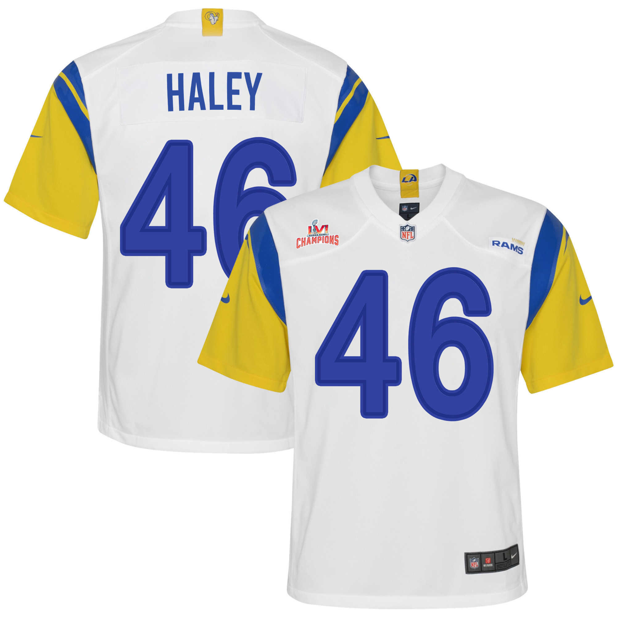 Super Bowl LVI Champions Los Angeles Rams Grant Haley 46 White Youth's Jersey Jersey