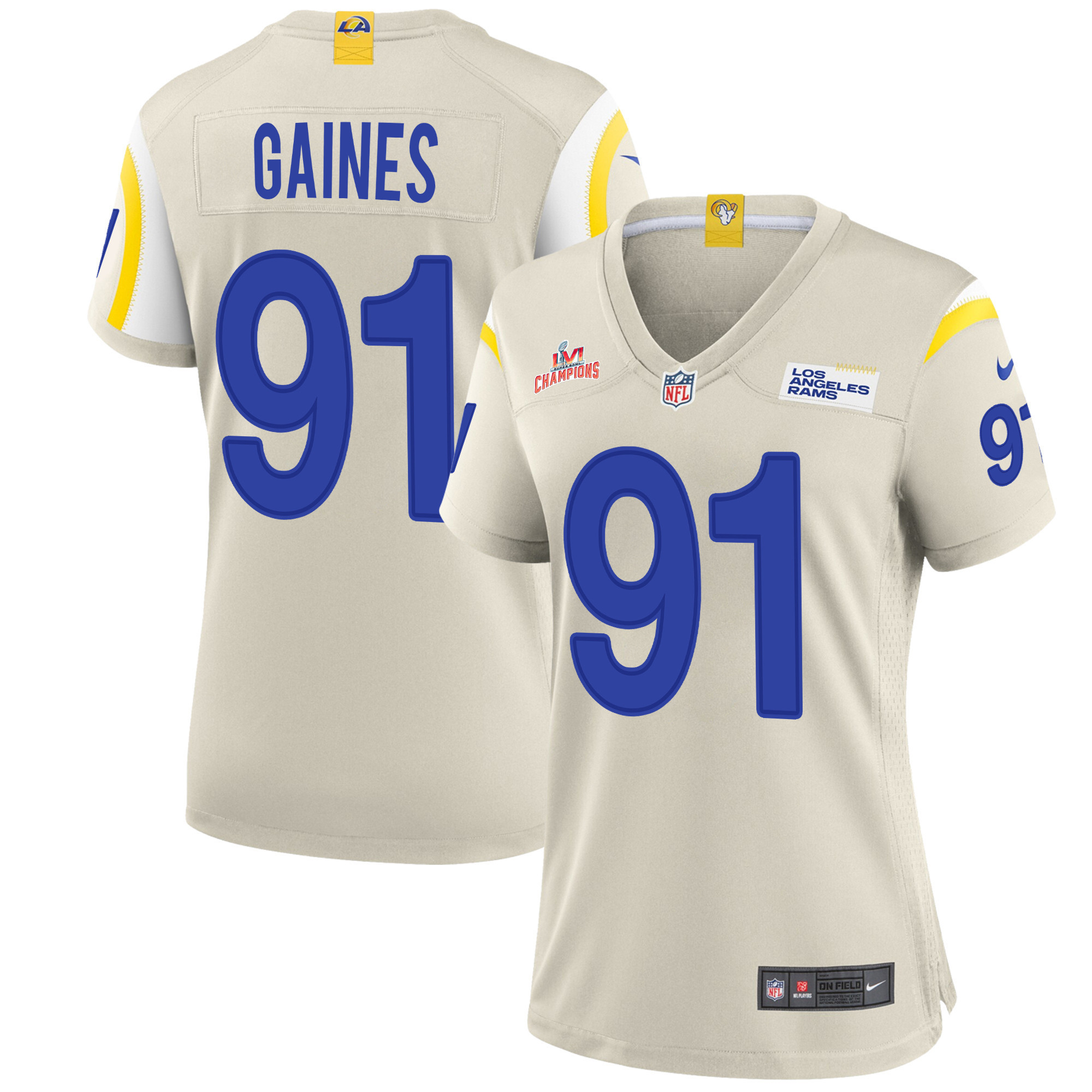 Super Bowl LVI Champions Los Angeles Rams Greg Gaines 91 Bone Women's Jersey Jersey