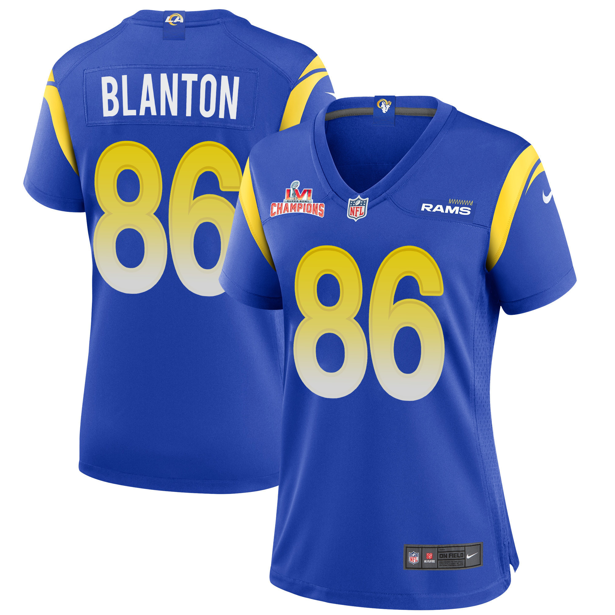 Super Bowl LVI Champions Los Angeles Rams Kendall Blanton 86 Royal Women's Jersey Jersey