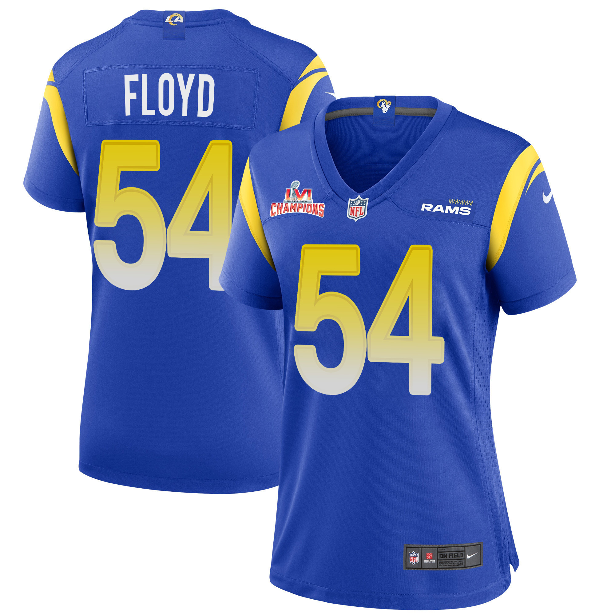 Super Bowl LVI Champions Los Angeles Rams Leonard Floyd 54 Royal Women's Jersey Jersey