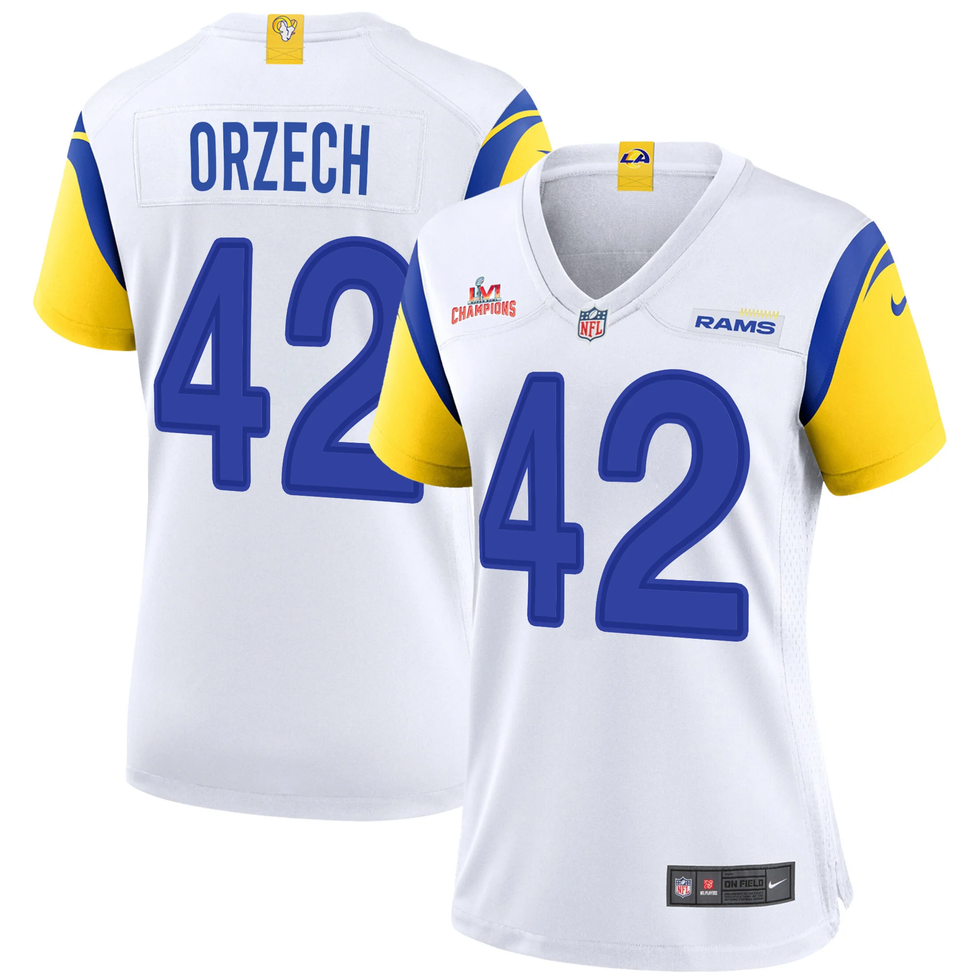 Super Bowl LVI Champions Los Angeles Rams Matthew Orzech 42 White Women's Jersey Jersey