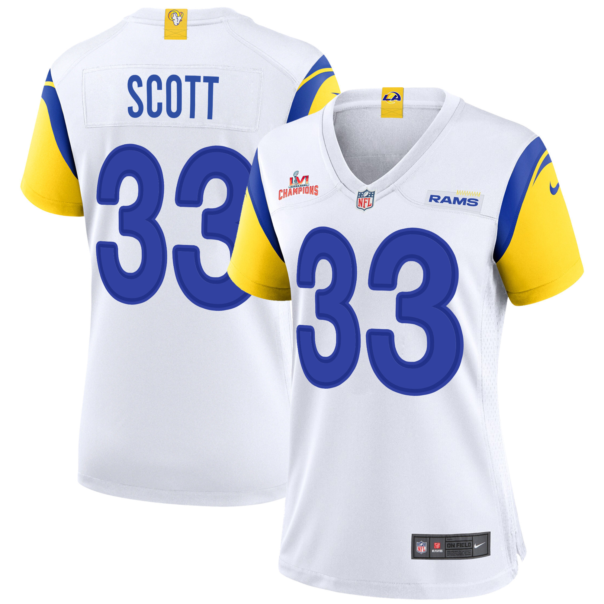 Super Bowl LVI Champions Los Angeles Rams Nick Scott 33 White Women's Jersey Jersey