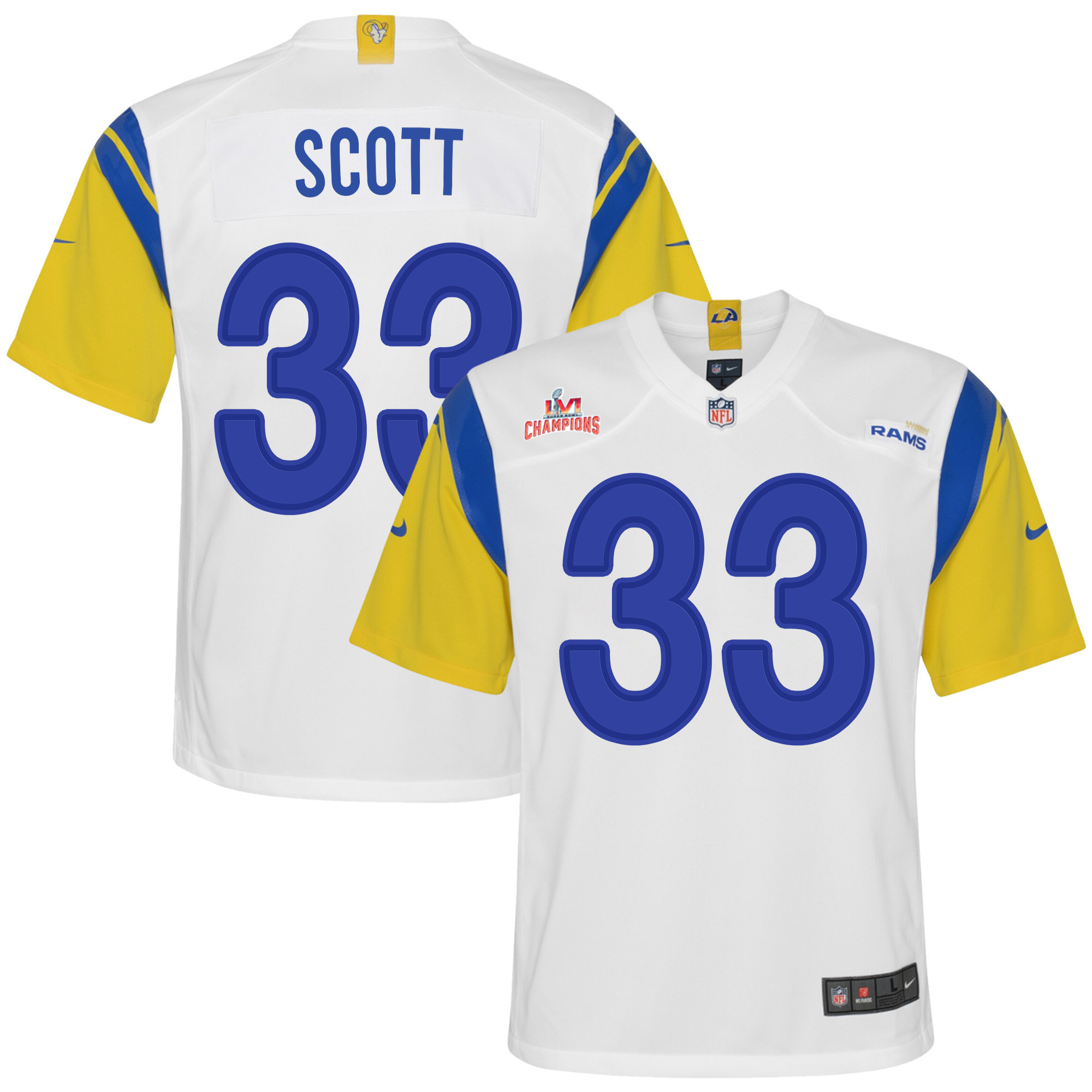 Super Bowl LVI Champions Los Angeles Rams Nick Scott 33 White Youth's Jersey Jersey