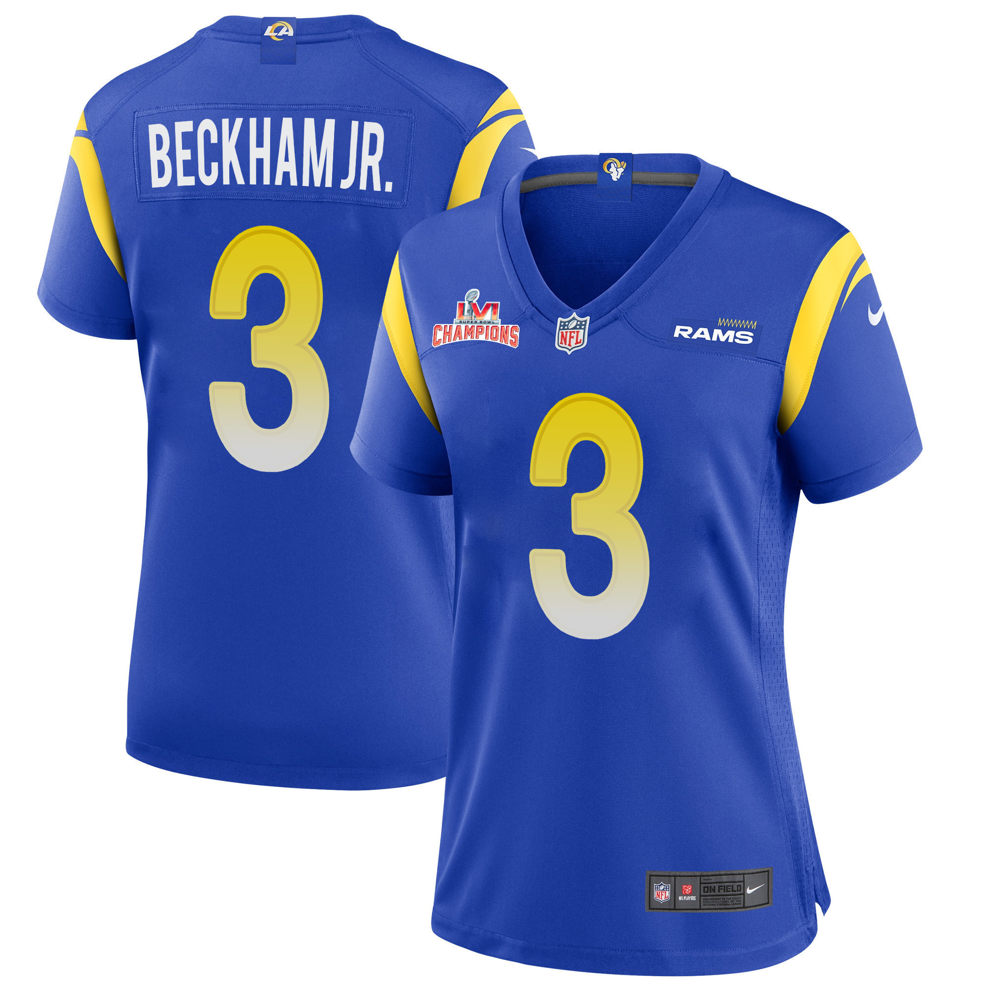 Super Bowl LVI Champions Los Angeles Rams Odell Beckham Jr. 3 Royal Women's Jersey Jersey