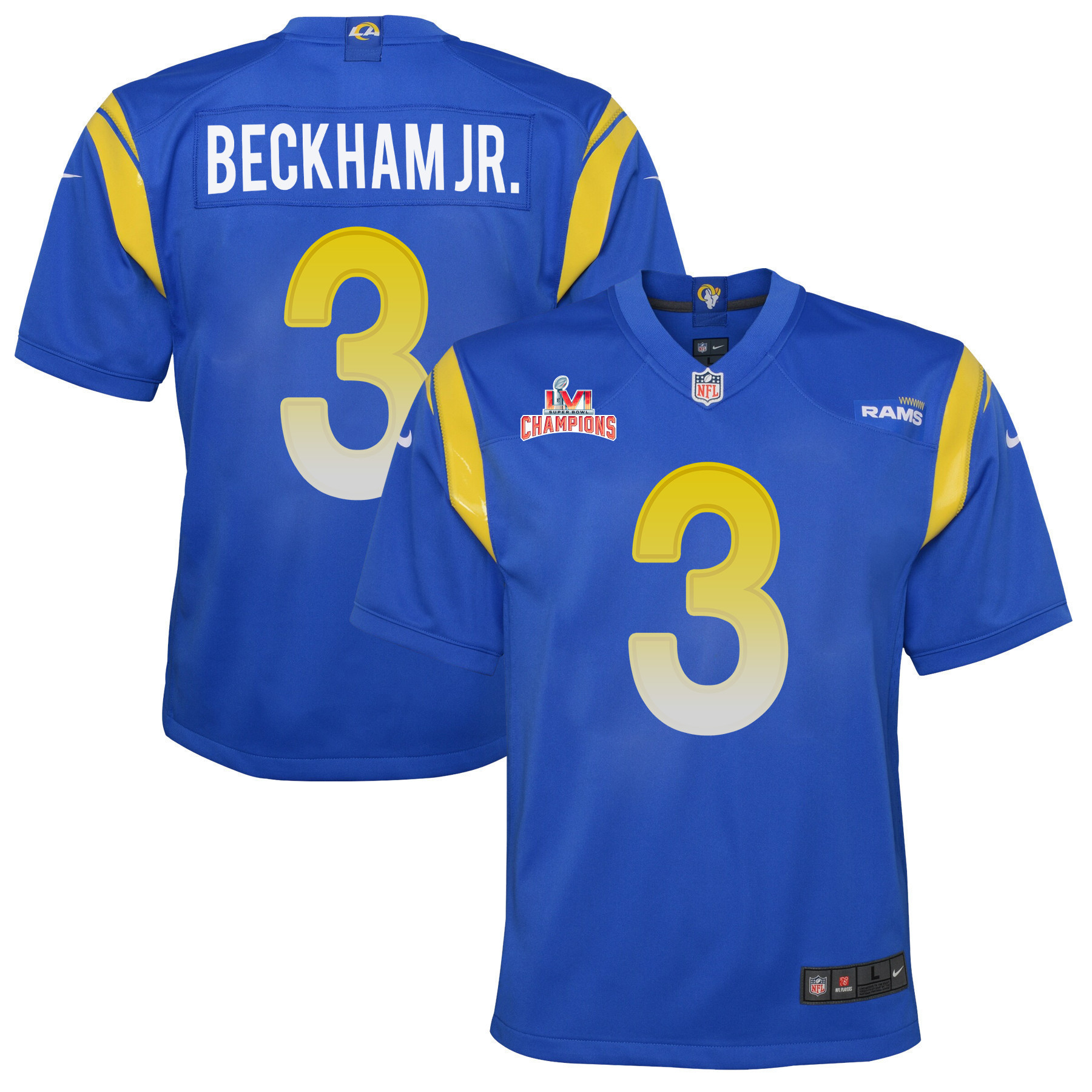Super Bowl LVI Champions Los Angeles Rams Odell Beckham Jr. 3 Royal Youth's Jersey Jersey