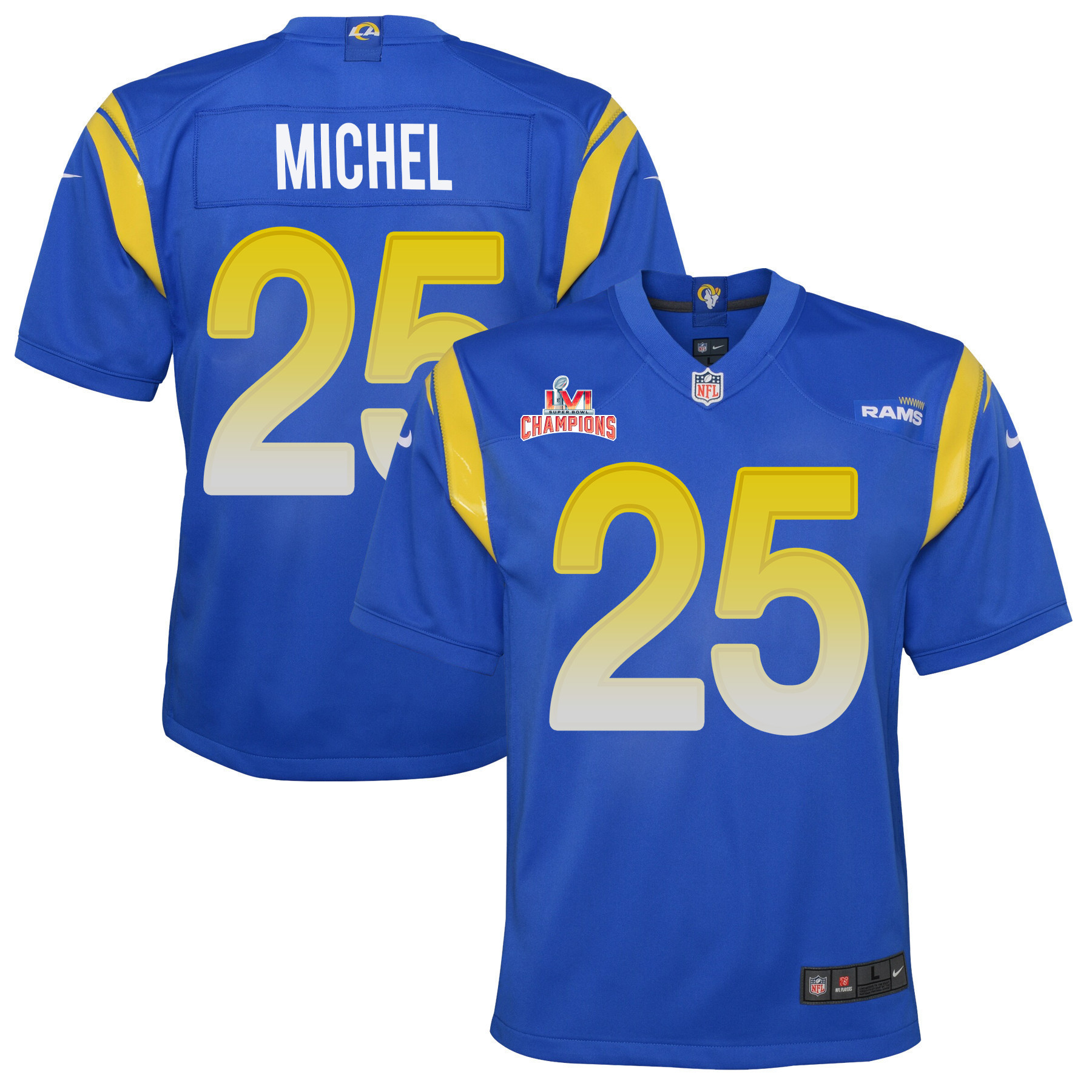Super Bowl LVI Champions Los Angeles Rams Sony Michel 25 Royal Youth's Jersey Jersey