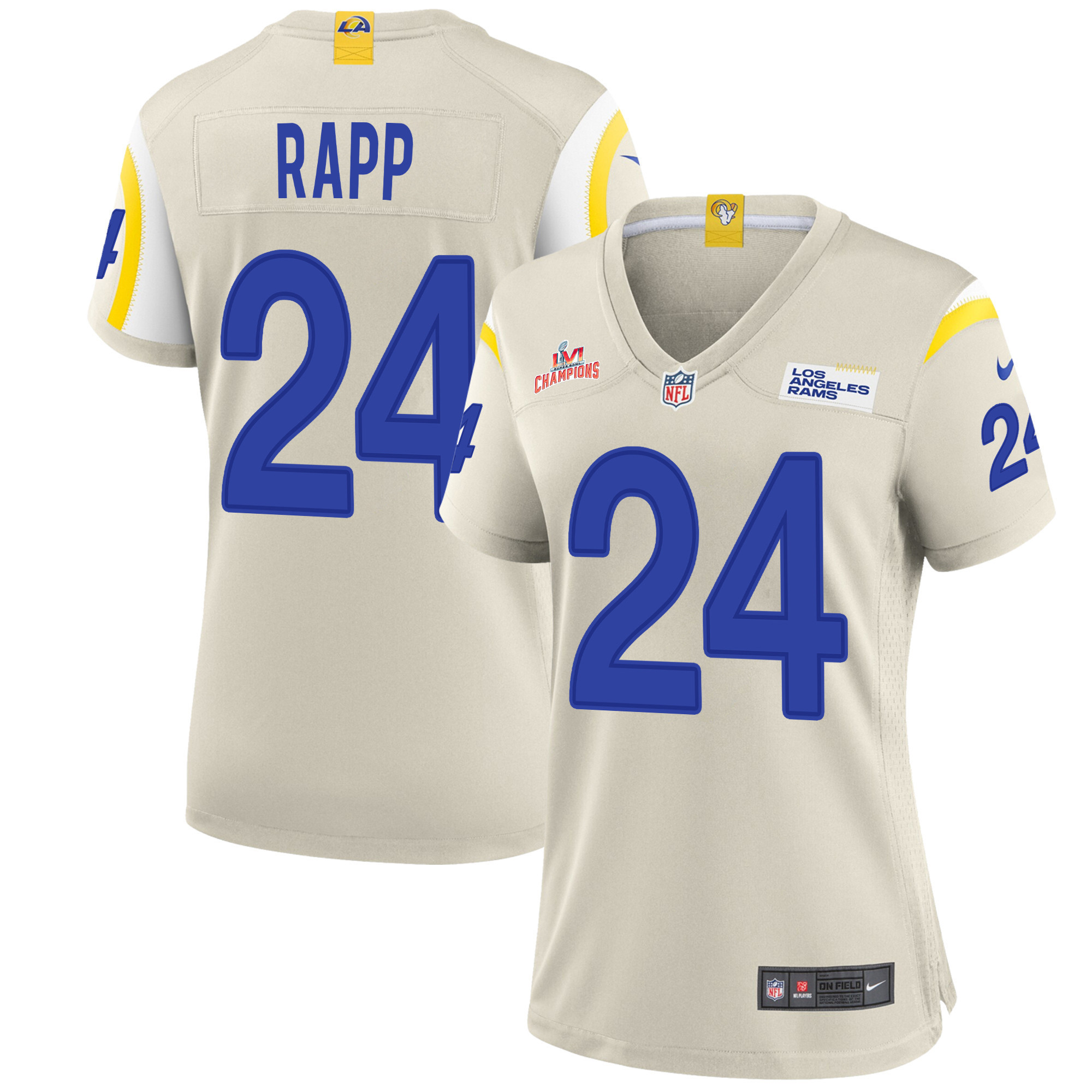Super Bowl LVI Champions Los Angeles Rams Taylor Rapp 24 Bone Women's Jersey Jersey