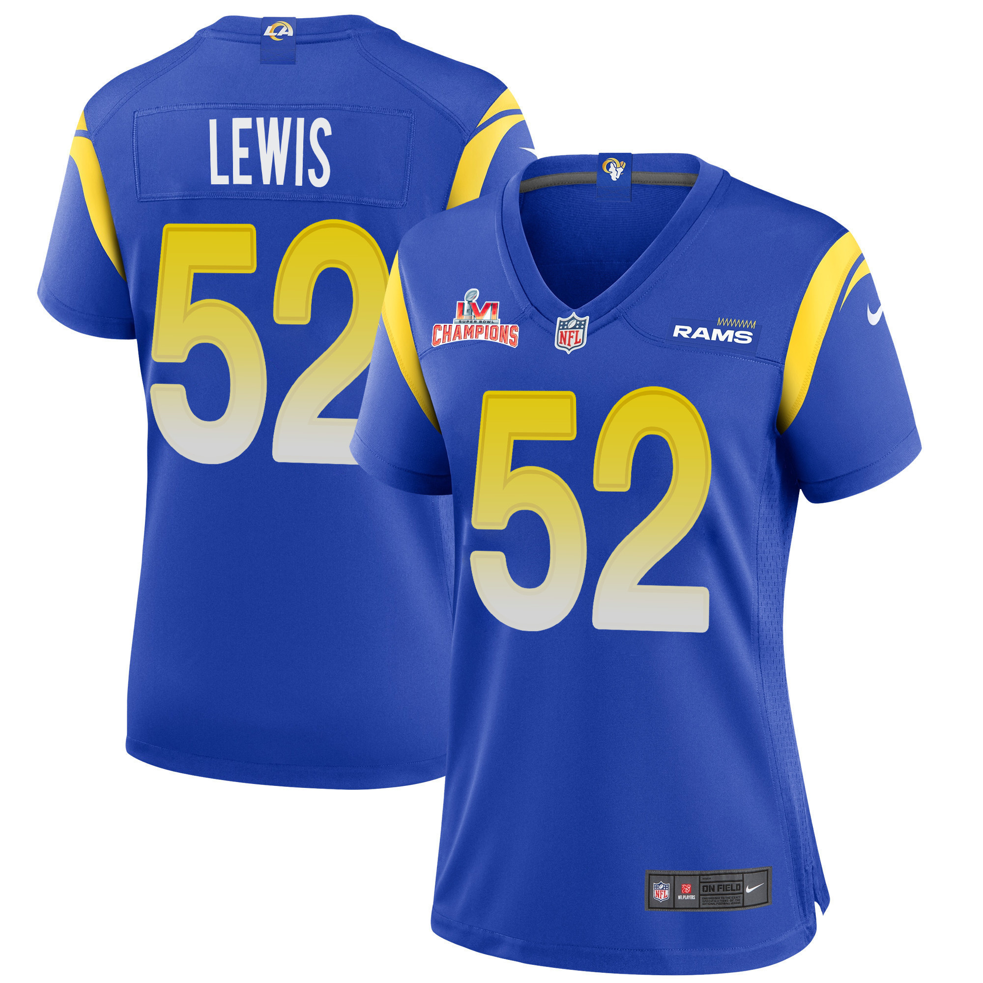 Super Bowl LVI Champions Los Angeles Rams Terrell Lewis 52 Royal Women's Jersey Jersey