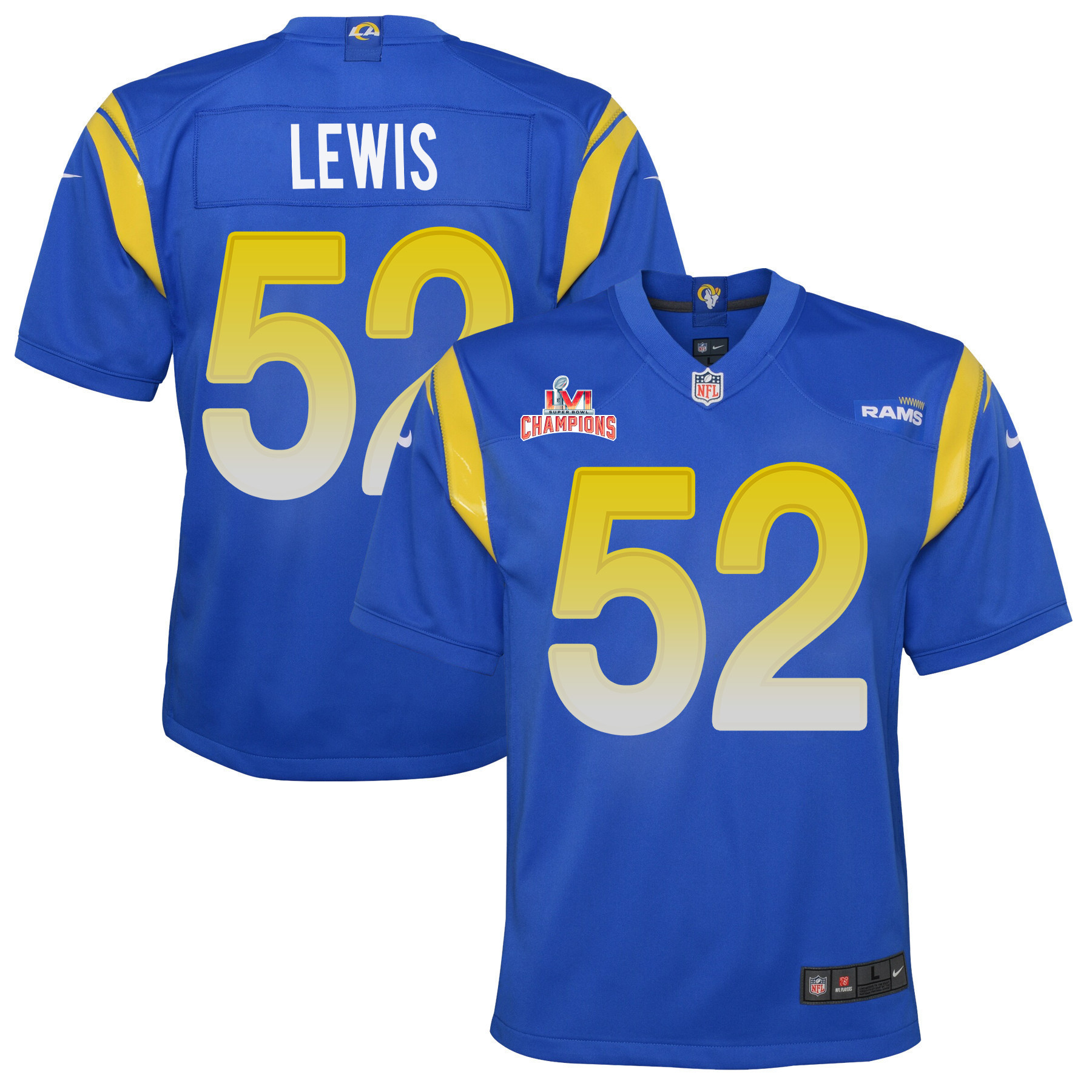 Super Bowl LVI Champions Los Angeles Rams Terrell Lewis 52 Royal Youth's Jersey Jersey