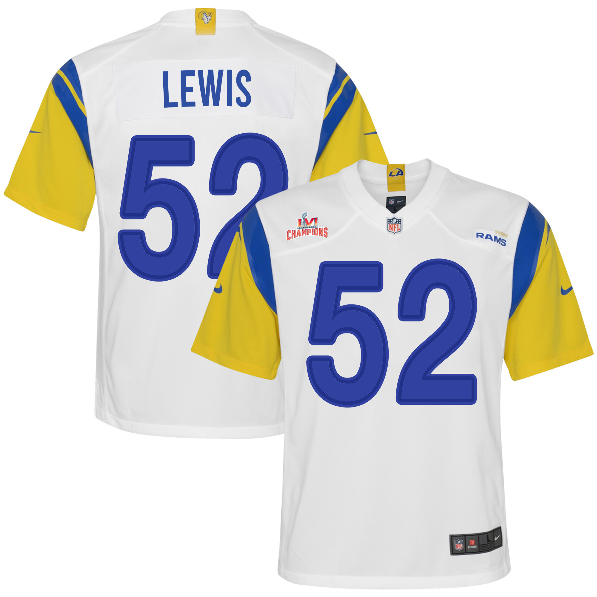 Super Bowl LVI Champions Los Angeles Rams Terrell Lewis 52 White Youth's Jersey Jersey