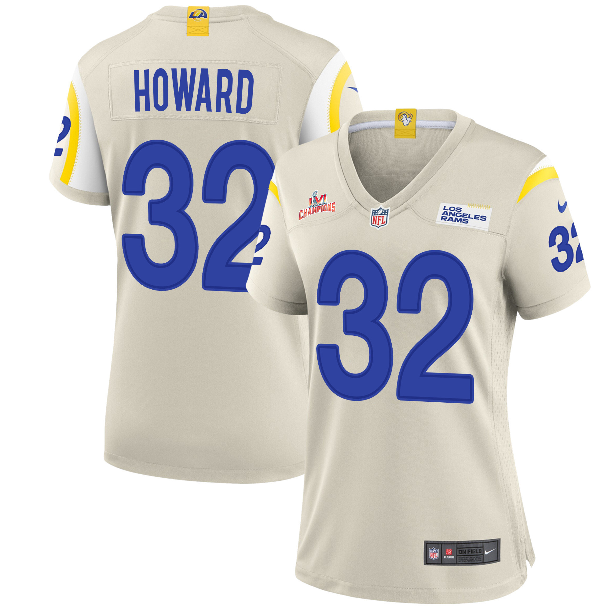 Super Bowl LVI Champions Los Angeles Rams Travin Howard 32 Bone Women's Jersey Jersey