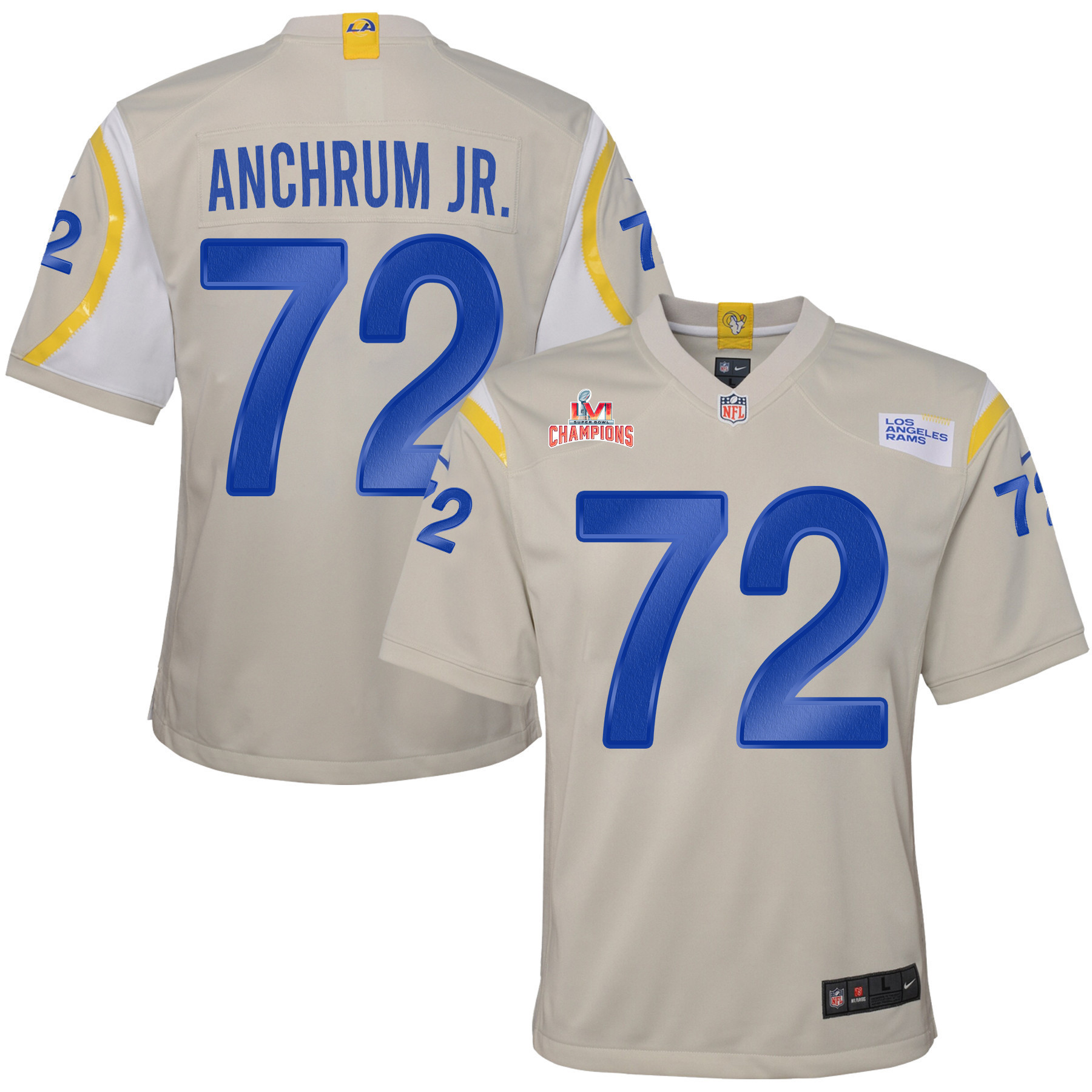 Super Bowl LVI Champions Los Angeles Rams Tremayne Anchrum Jr. 72 Bone Youth's Jersey Jersey