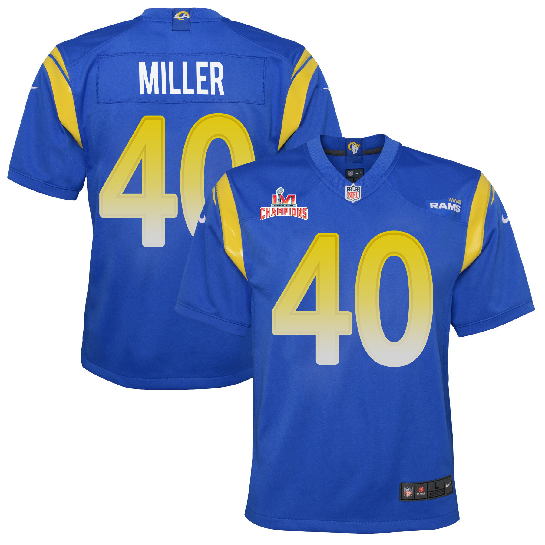 Super Bowl LVI Champions Los Angeles Rams Von Miller 40 Royal Youth's Jersey Jersey