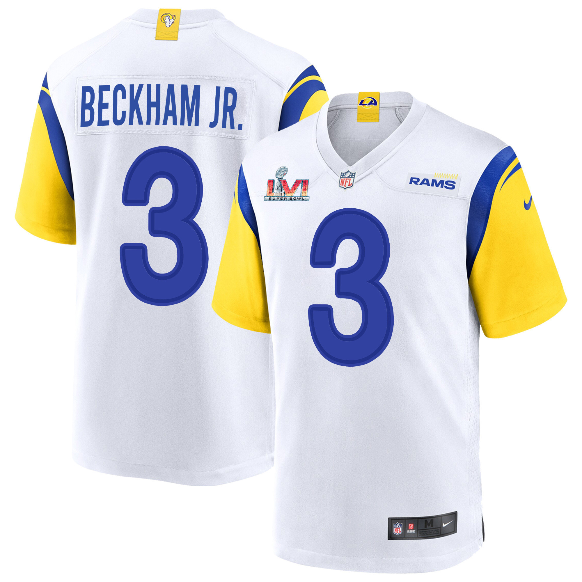 Super Bowl LVI Patch Los Angeles Rams Odell Beckham Jr. 3 White Men's Jersey Jersey