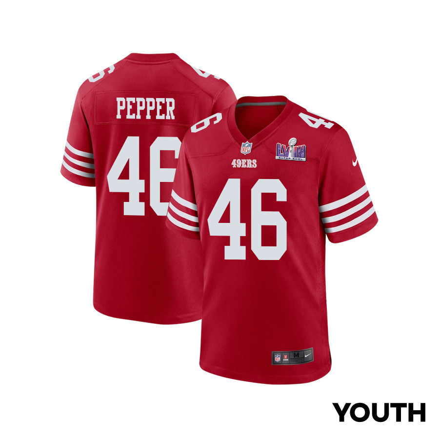 Taybor Pepper 46 San Francisco 49ers Super Bowl LVIII Patch Game YOUTH Jersey - Scarlet