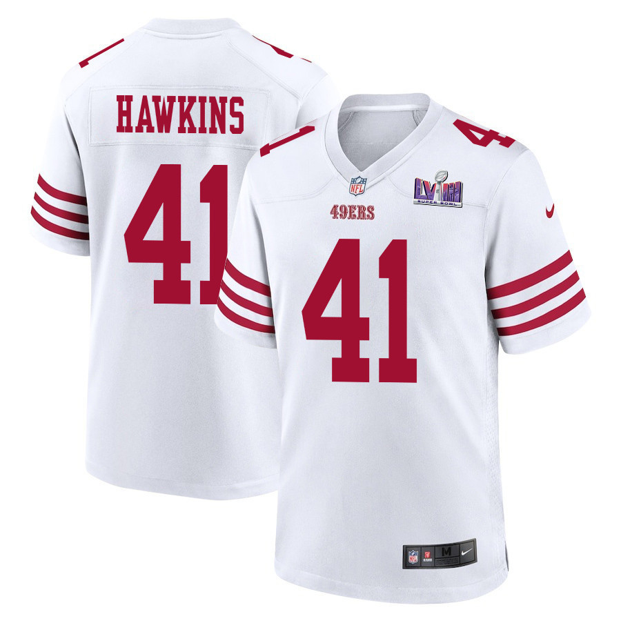 Tayler Hawkins 41 San Francisco 49ers Super Bowl LVIII Patch Game Men Jersey - White