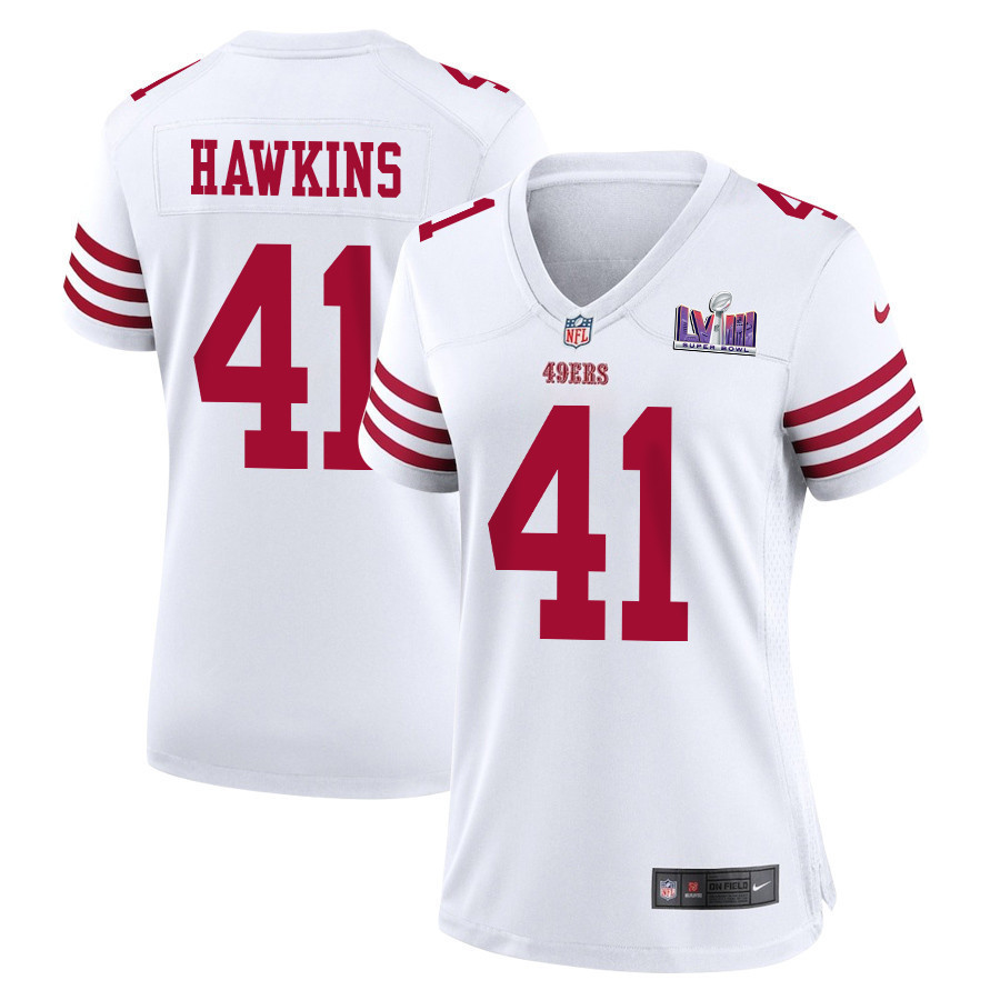Tayler Hawkins 41 San Francisco 49ers Super Bowl LVIII Patch Game Women Jersey - White