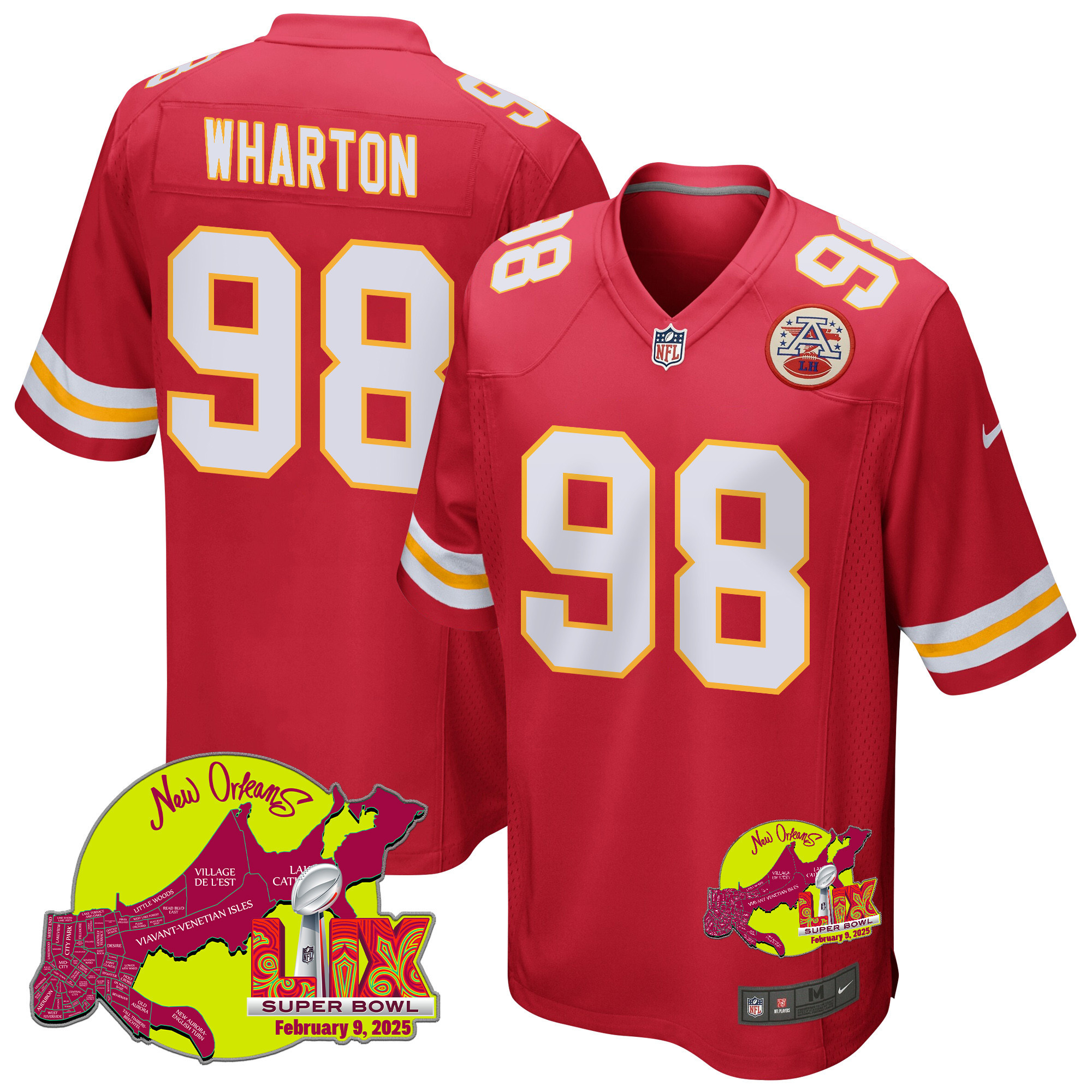 Tershawn Wharton 98 Kansas City Chiefs Super Bowl LIX New Orleans Patch Game Men Jersey - Red