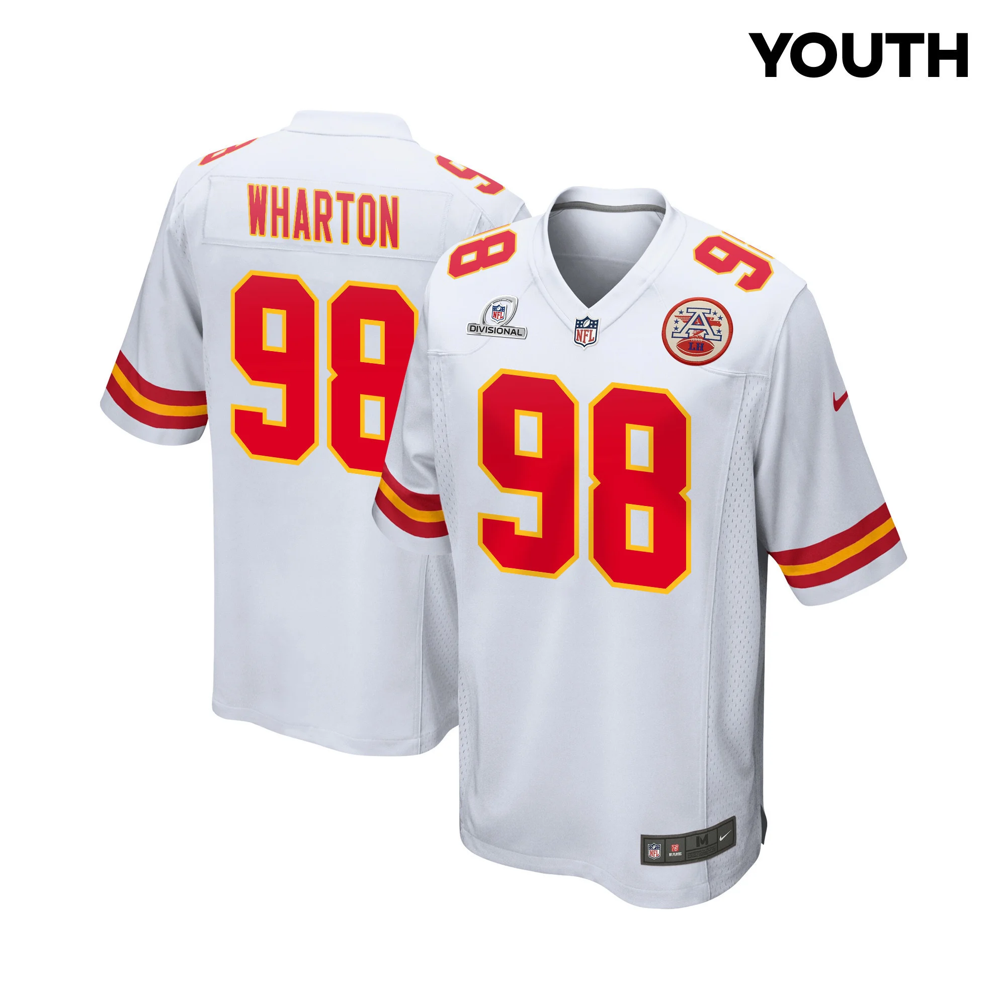 Tershawn Wharton 98 Kansas City Chiefs Super Bowl LVIII Patch Game YOUTH Jersey - White