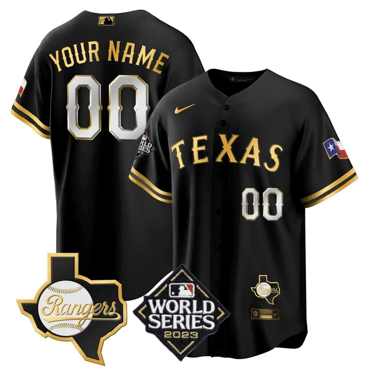 Texas Rangers 2023 World Series & Texas State Patch Men Custom Jersey - Black Gold