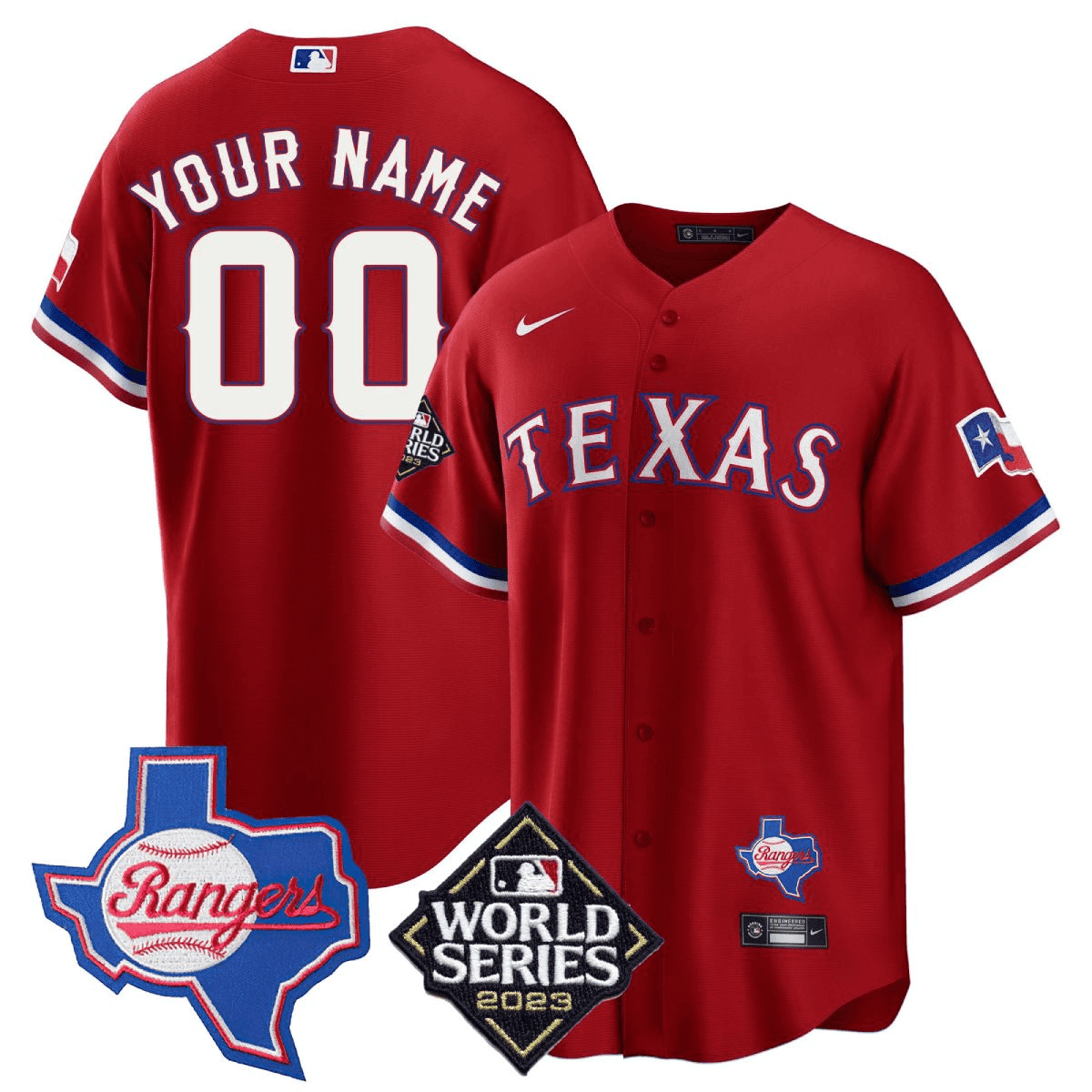 Texas Rangers 2023 World Series & Texas State Patch Men Custom Jersey - Red