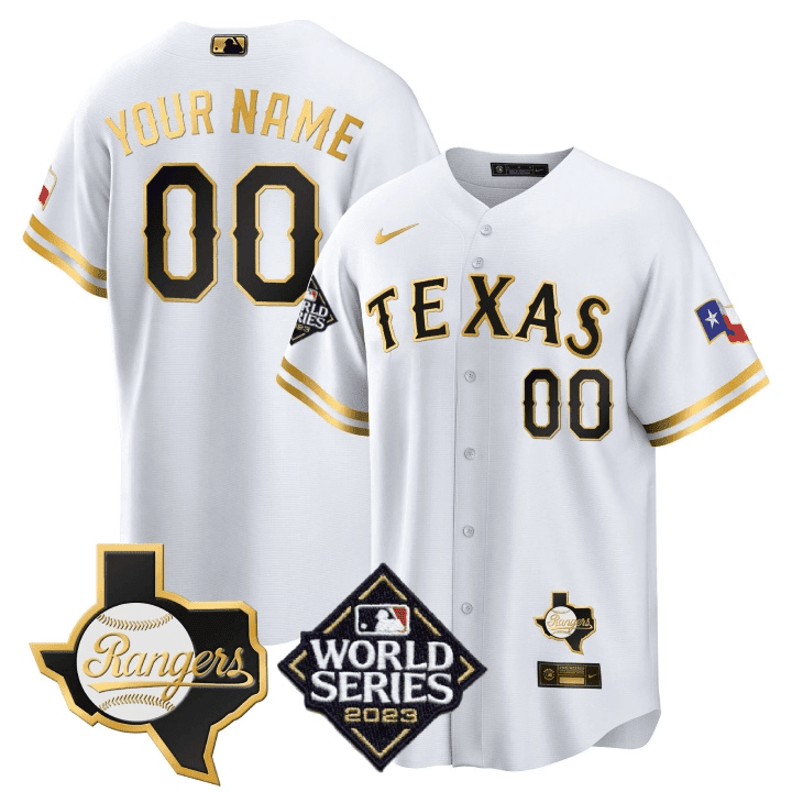 Texas Rangers 2023 World Series & Texas State Patch Men Custom Jersey - White Gold