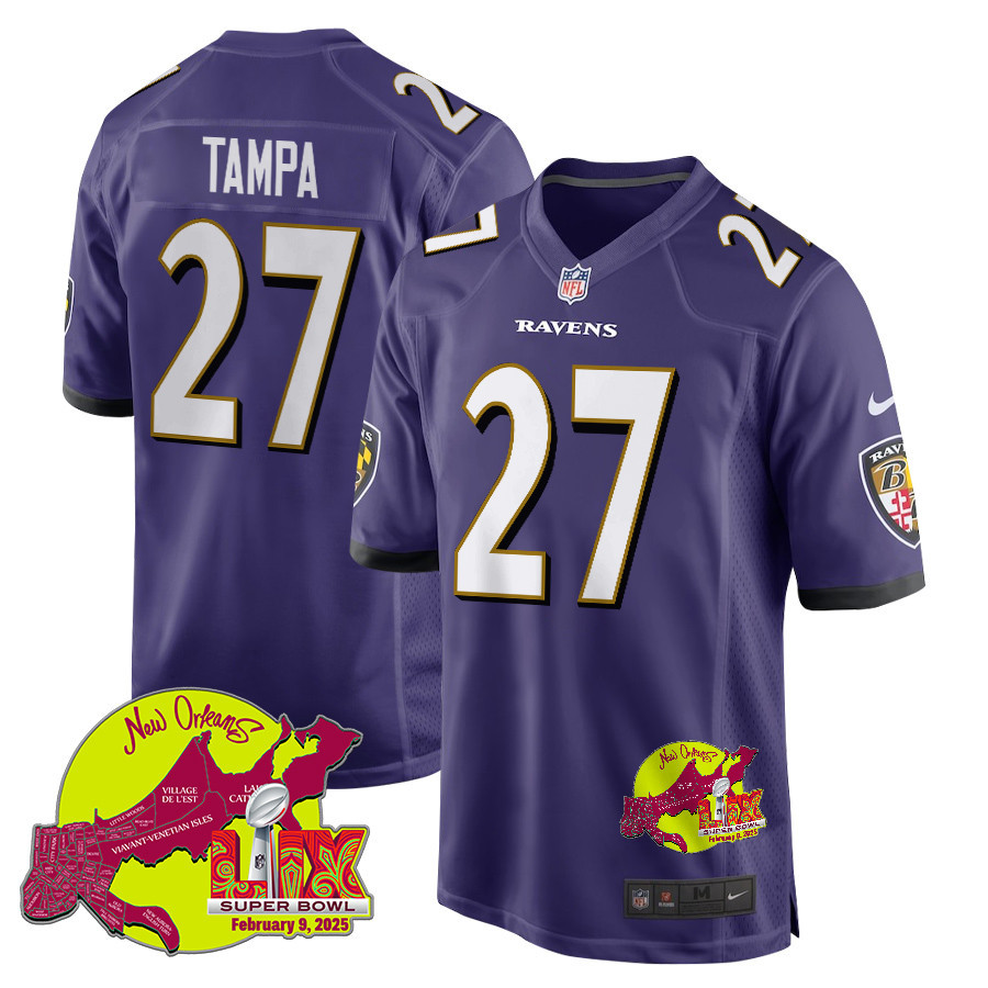 T.J. Tampa 27 Baltimore Ravens Super Bowl LIX New Orleans Patch Game Men Jersey - Purple