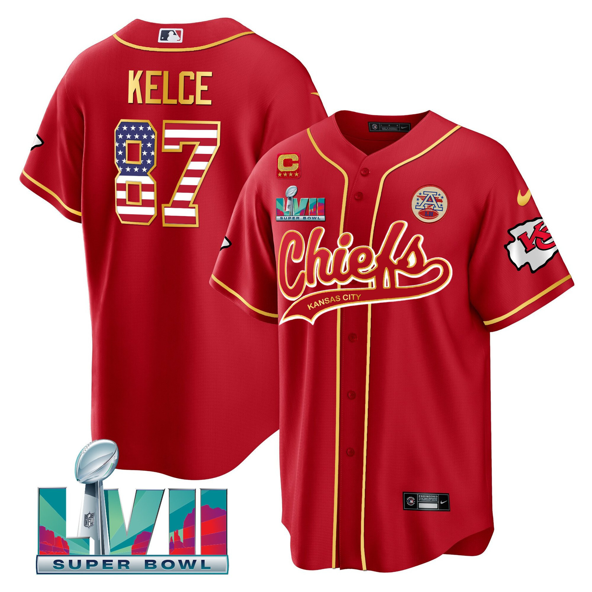 Travis Kelce 87 Kansas City Chiefs Super Bowl LVII Patch Flag Men Jersey - Red