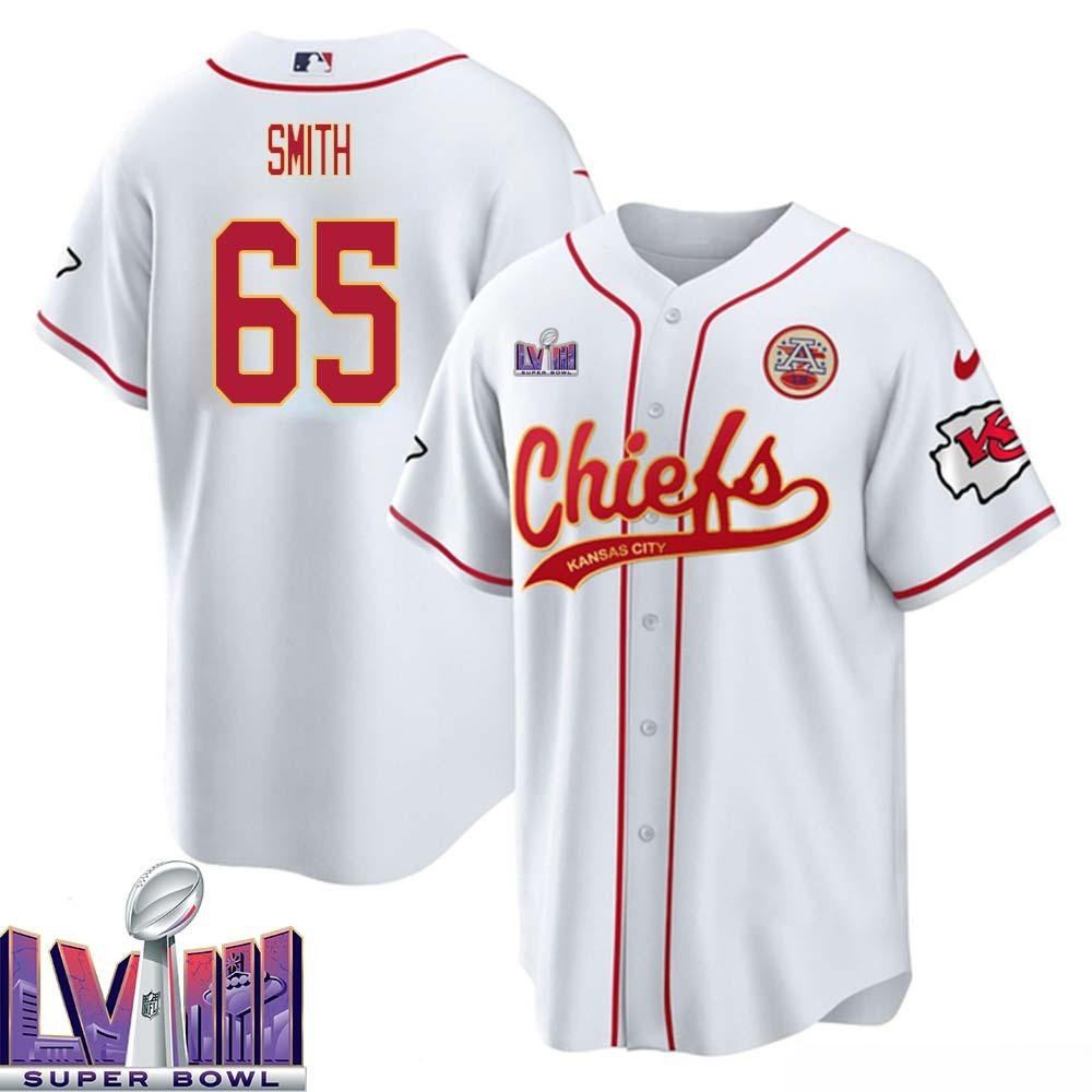 Trey Smith 65 Kansas City Chiefs Super Bowl LVIII Baseball Men Jersey - White