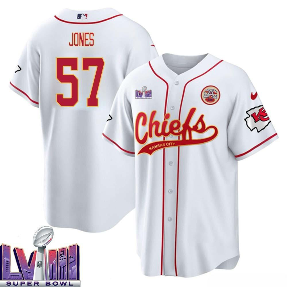 Truman Jones 57 Kansas City Chiefs Super Bowl LVIII Baseball Men Jersey - White