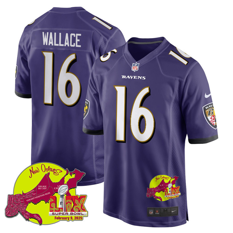 Tylan Wallace 16 Baltimore Ravens Super Bowl LIX New Orleans Patch Game Men Jersey - Purple